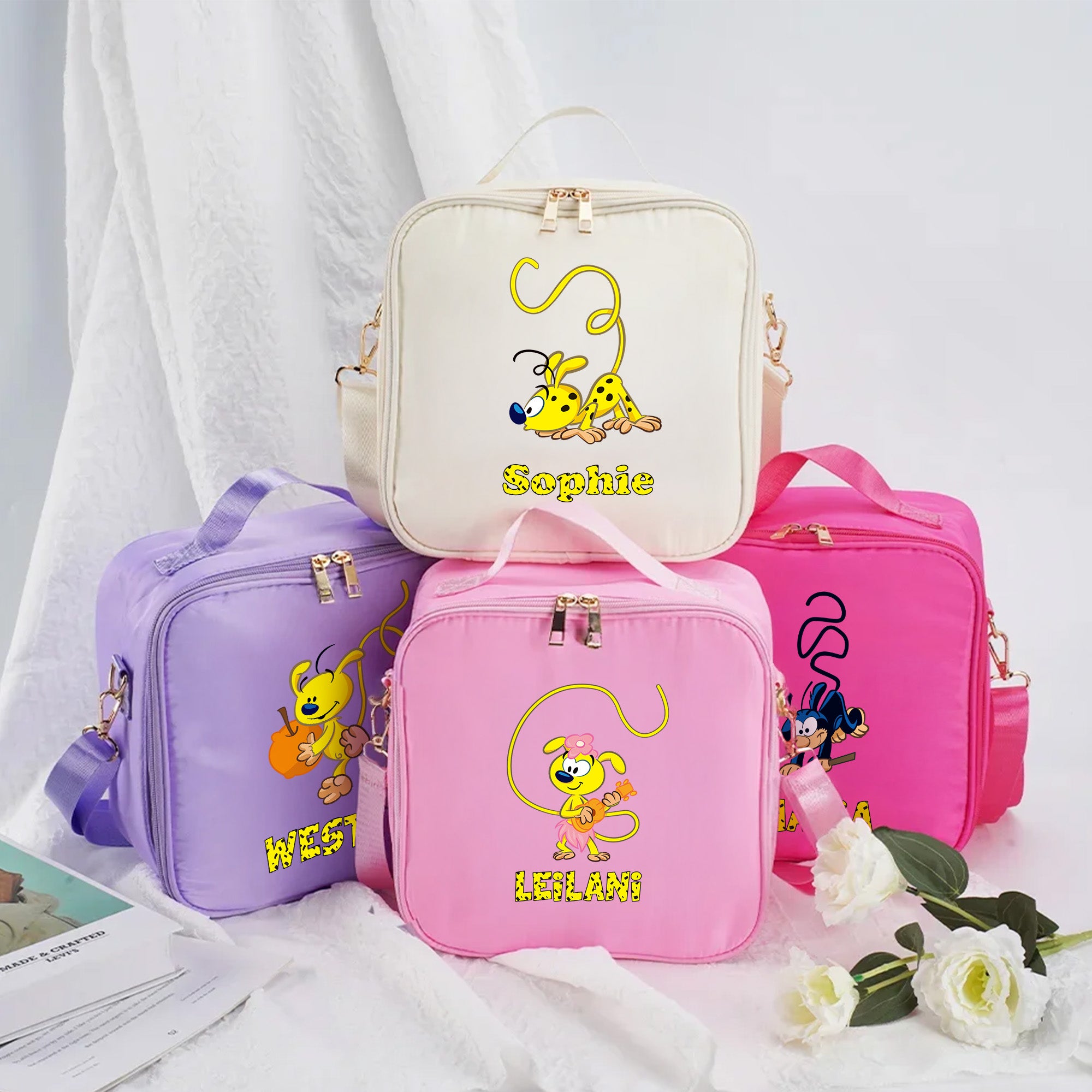 Bolsa de almuerzo aislante personalizada con nombre de Marsupilami de dibujos animados clásicos Regalo de cumpleaños para la vuelta al cole | Callie × Marsupilami