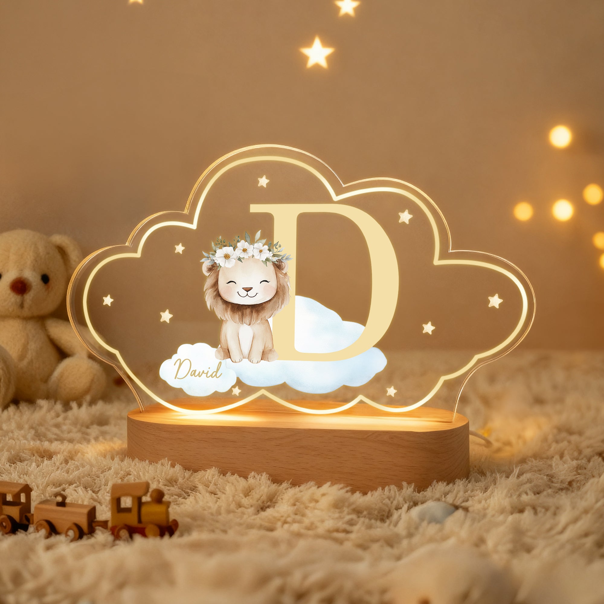 Guirnalda Personalizada Animales Estrella Inicial Acrílico LED Luz de Noche con Nombre y Base de Madera Decoración de Guardería Regalo de Cumpleaños para Niños