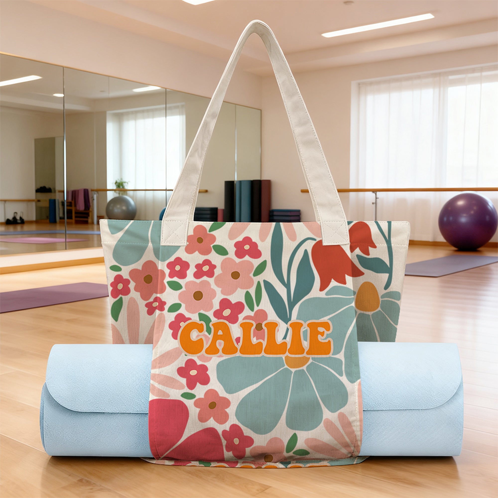 Personalizado Multicolor Flor de Verano Yoga Mat Tote Bag con Nombre Yoga Accesorios Cumpleaños Deportes Navidad Regalo para Mujeres Amantes del Yoga
