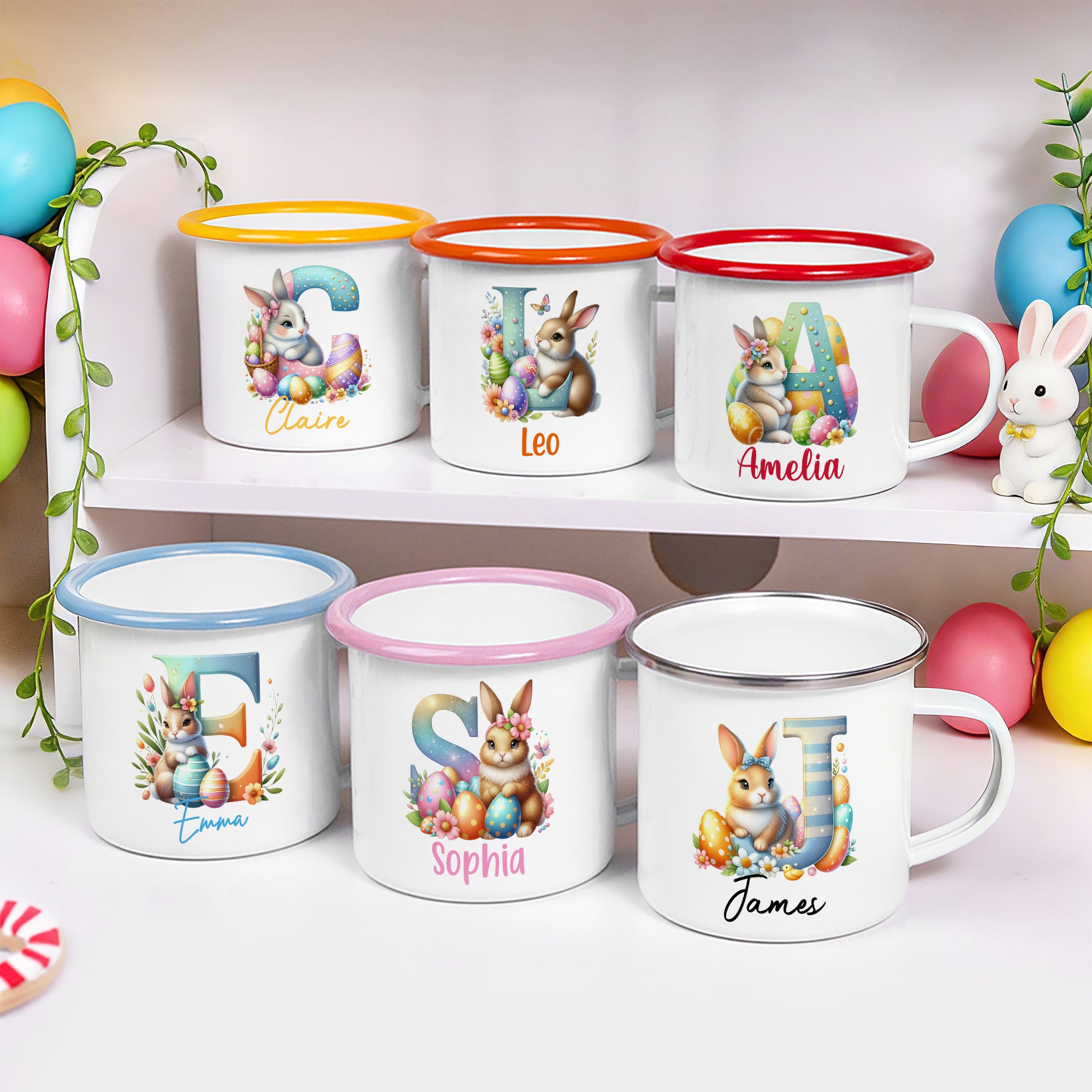 Taza esmaltada de 12 oz personalizada con la inicial del conejito y el nombre Pascua Cumpleaños Vuelta al cole Regalo para niños