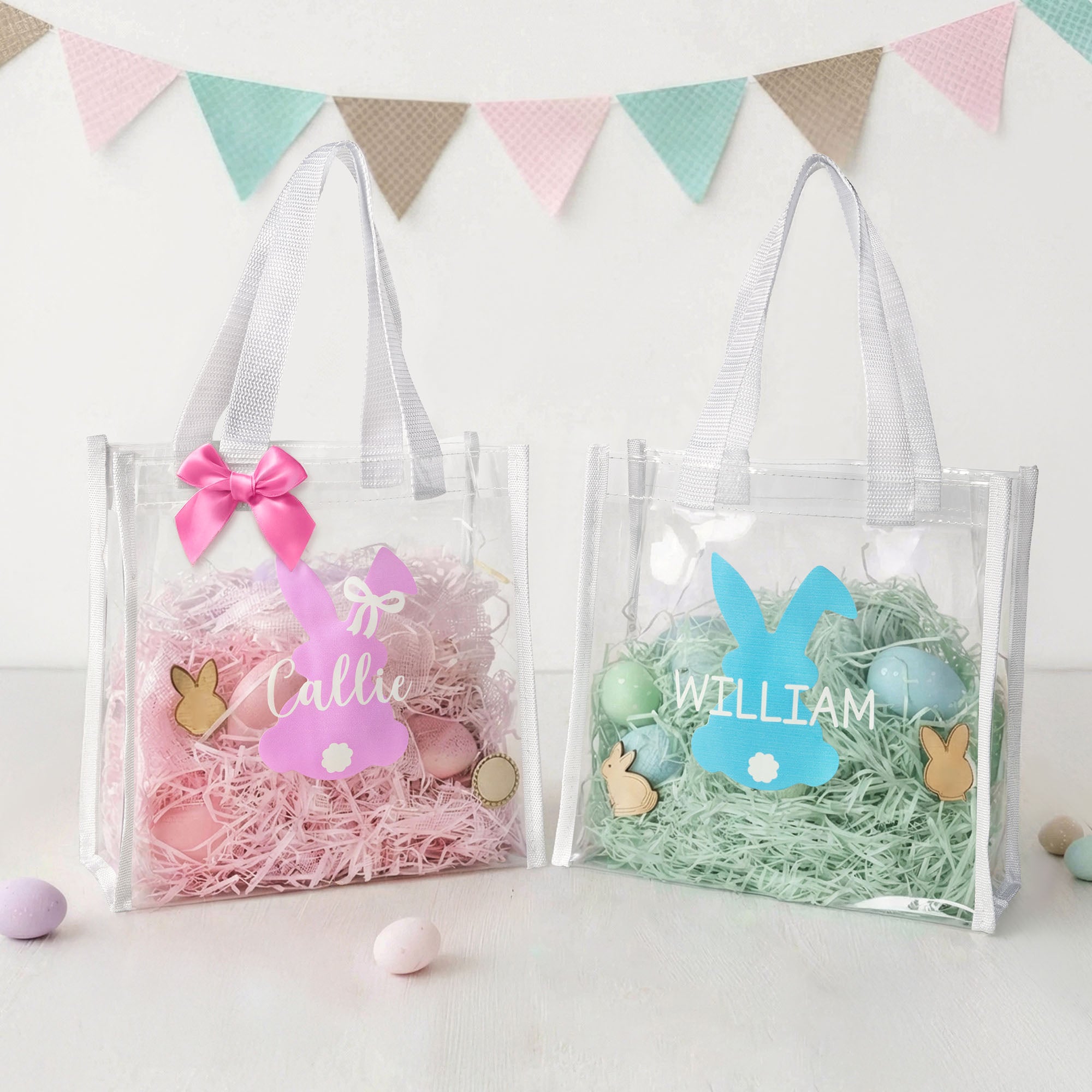 Bolsa transparente reutilizable personalizada con asa y nombre Silueta de conejito Regalo de Pascua para niños pequeños