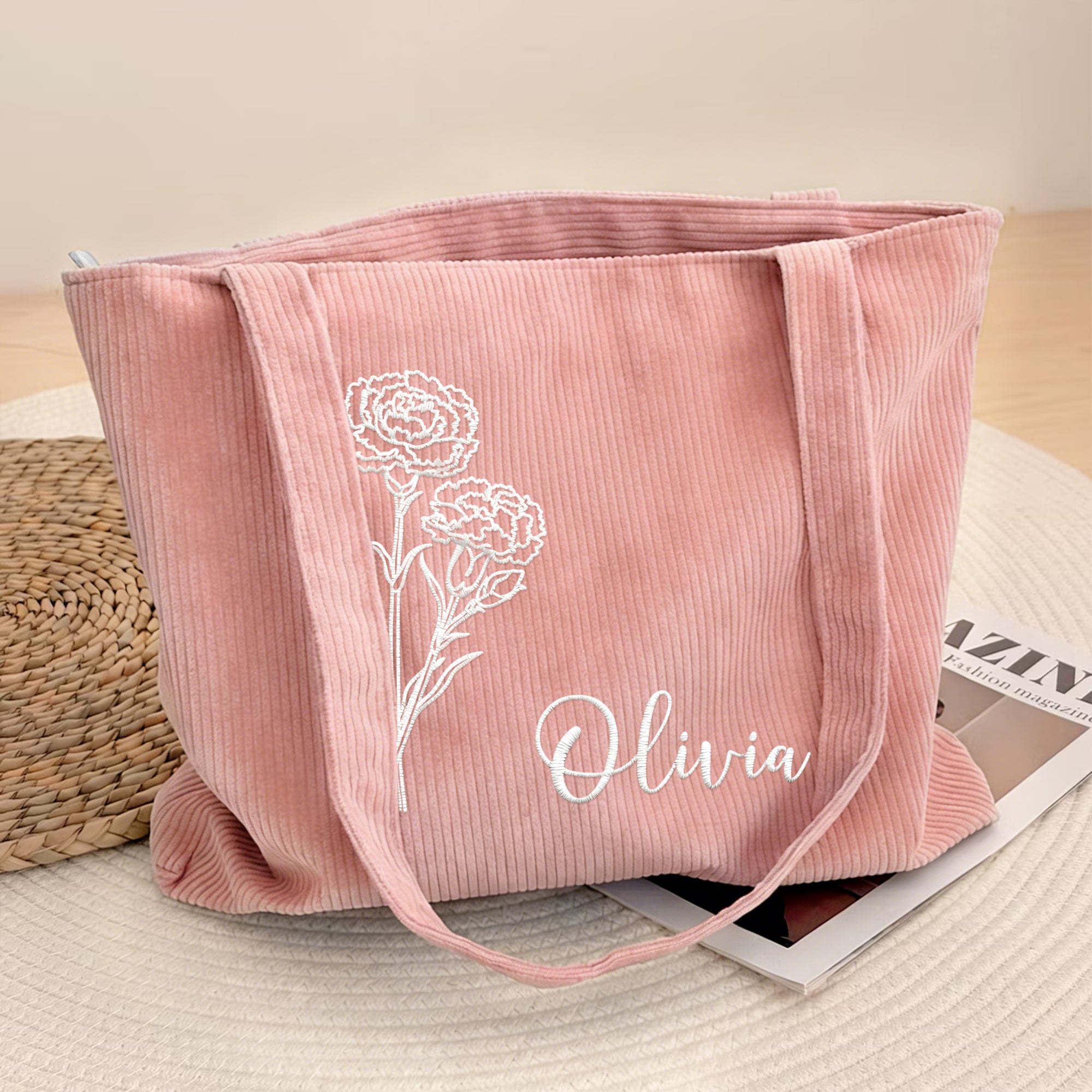 Personalizada Bordada Flor de Nacimiento Gran Capacidad Bolsa de Pana con Nombre Uso Diario Viaje Cumpleaños Día de la Madre Regalo para Mujer