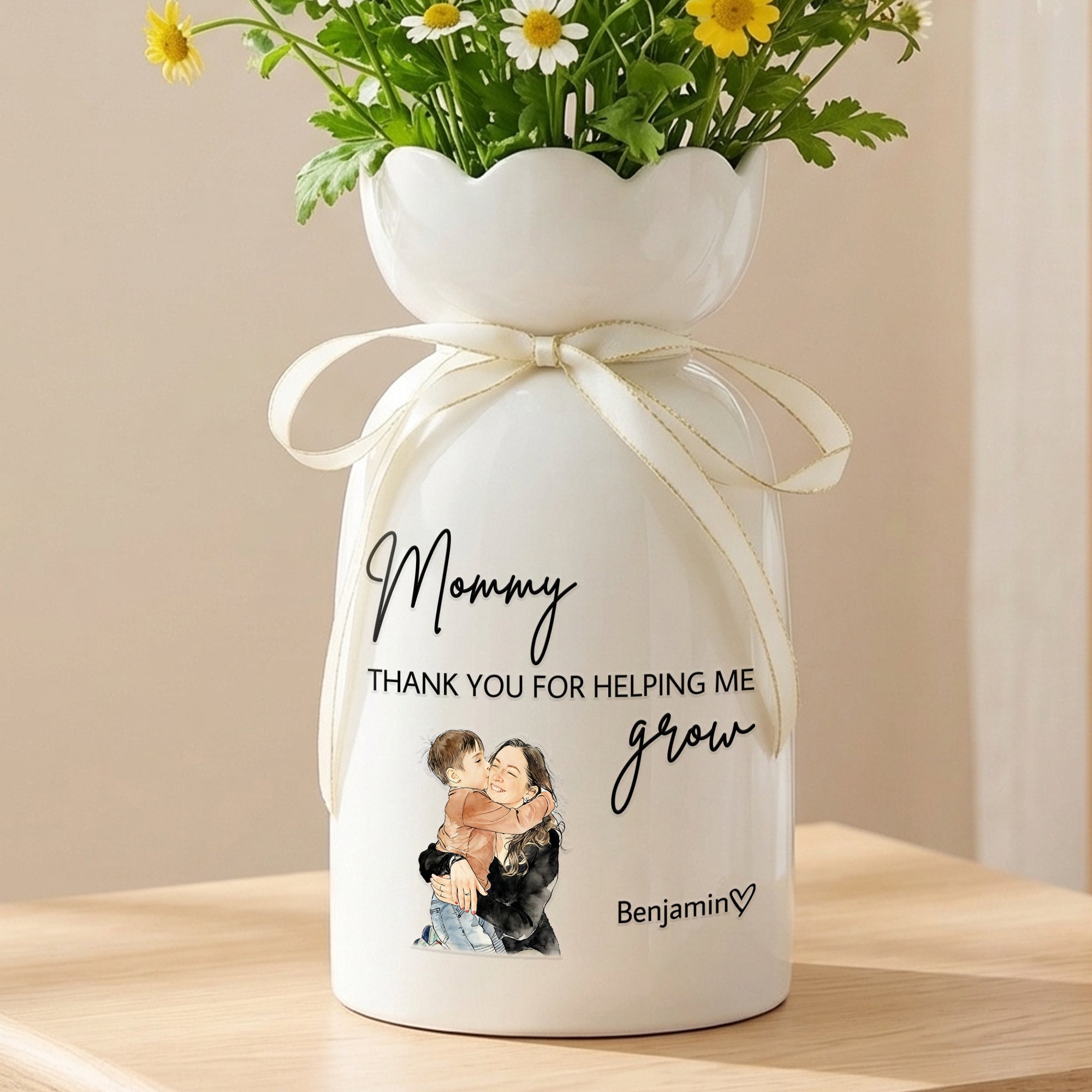 Jarrón de cerámica personalizado con foto de familia en acuarela con nombre y apodo Decoración del hogar Día de la madre Regalo de cumpleaños para mamá Abuela