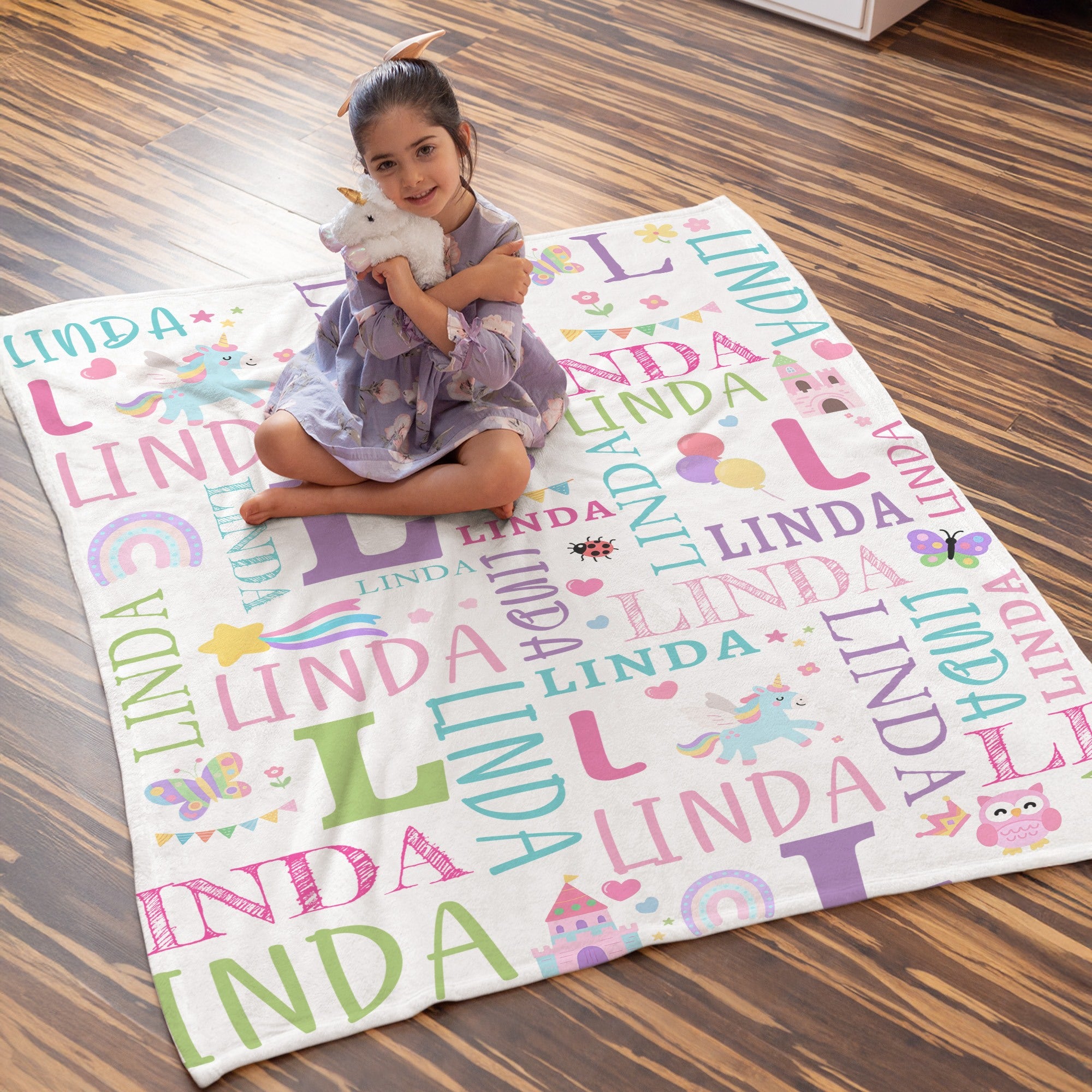 Manta personalizada de dibujos animados con la inicial y el nombre de un dinosaurio en forma de nube de palabras regalo de Navidad para niños y niñas