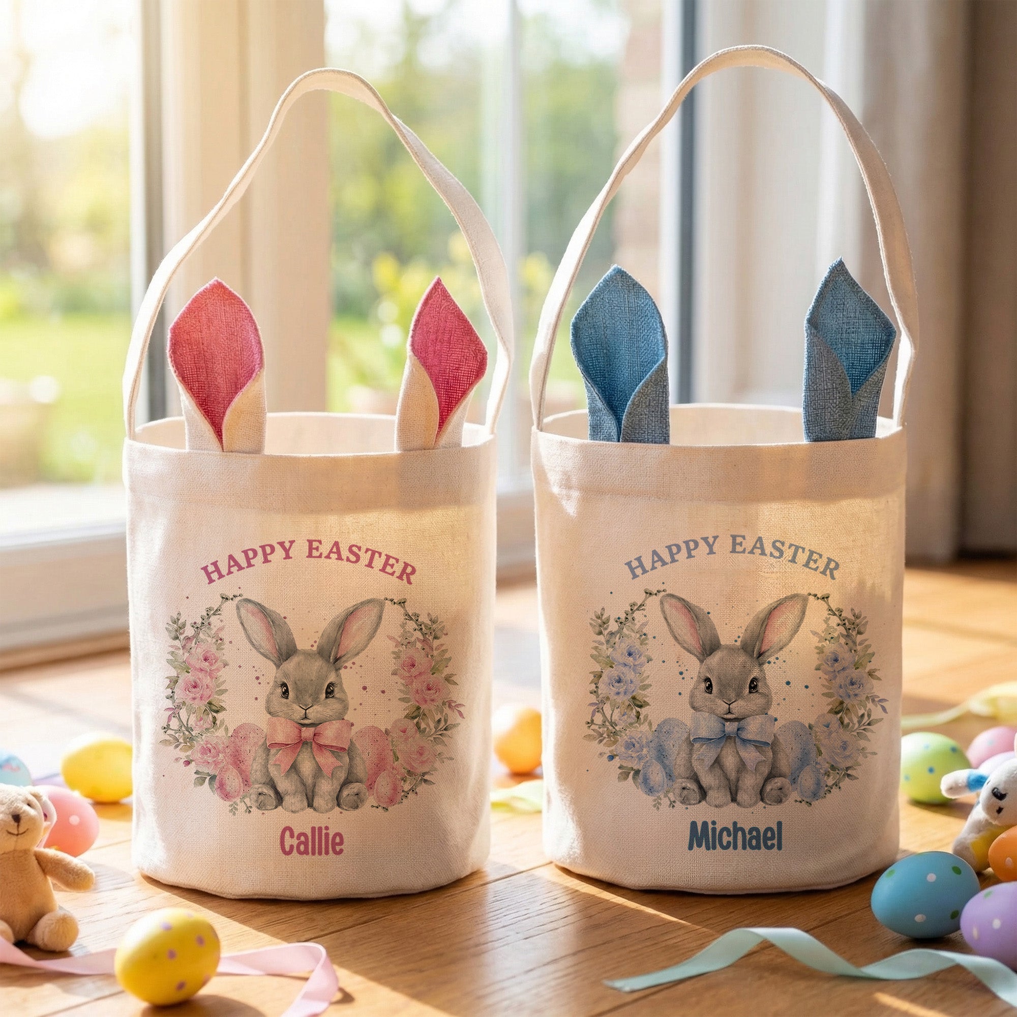 Cesta de Pascua con Orejas de Conejito Personalizada con Guirnalda y Nombre Regalo de Pascua para Niños Niñas