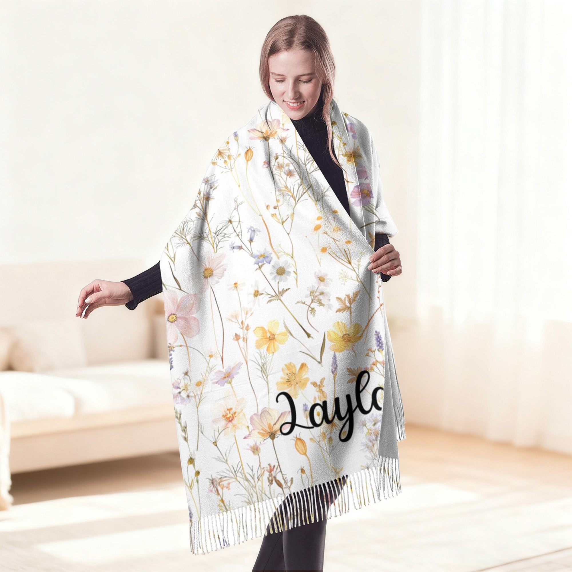 Bufanda personalizada con nombre, diseño clásico de flores de acuarela, suave y cálida, regalo de invierno, cumpleaños y Navidad para la familia y los amigos