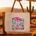 Bolso de lona personalizado Let's Go Girls Cowboy Hat Boot Horseshoe Bolsa de lona con nombre Regalo de cumpleaños de uso diario para vaqueras Mujeres