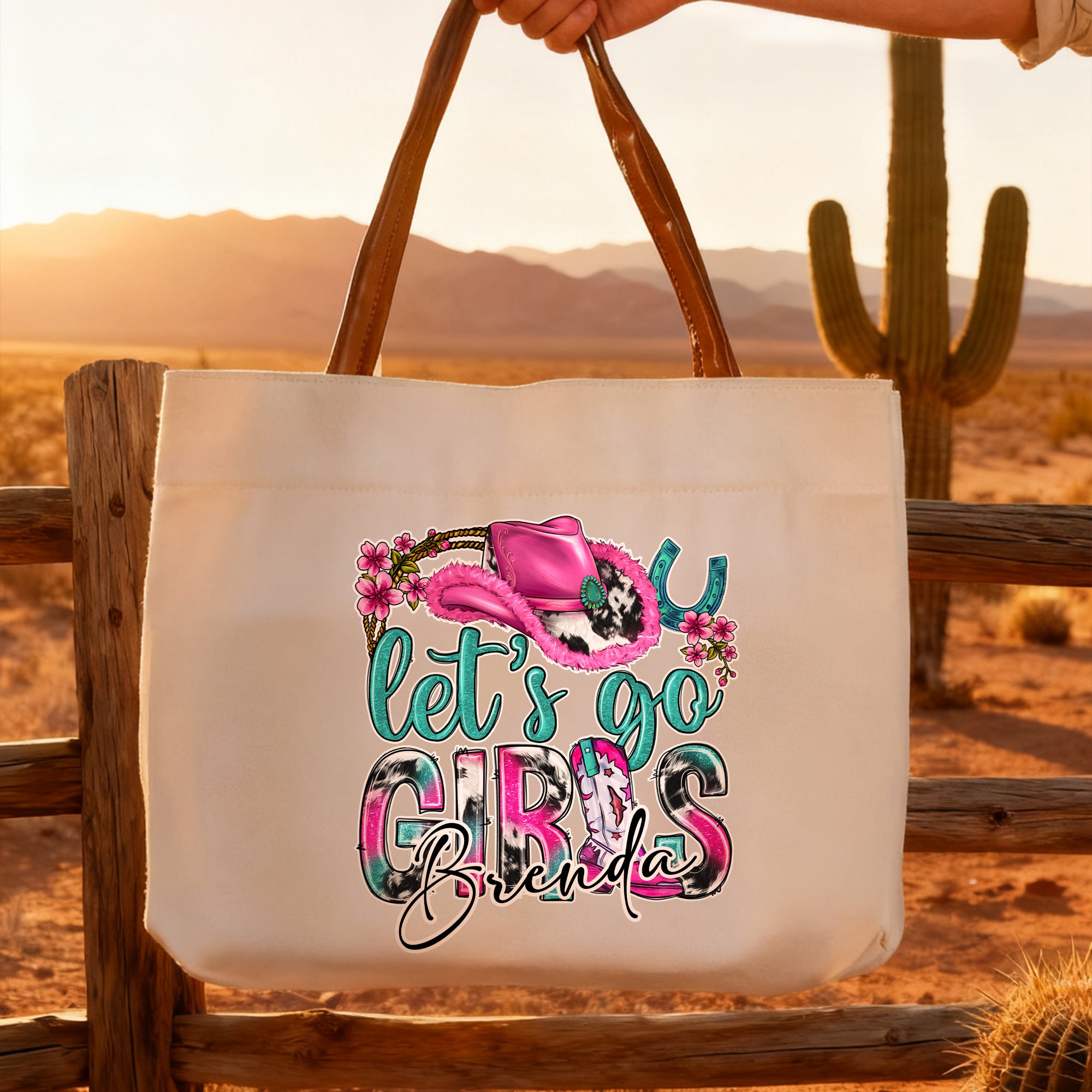 Bolso de lona personalizado Let's Go Girls Cowboy Hat Boot Horseshoe Bolsa de lona con nombre Regalo de cumpleaños de uso diario para vaqueras Mujeres