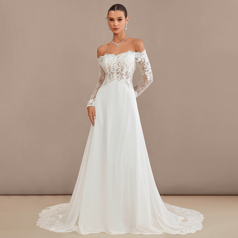 Bridal Wedding Dress Ivory Long Sleeve Long Off the Shoulder A-line