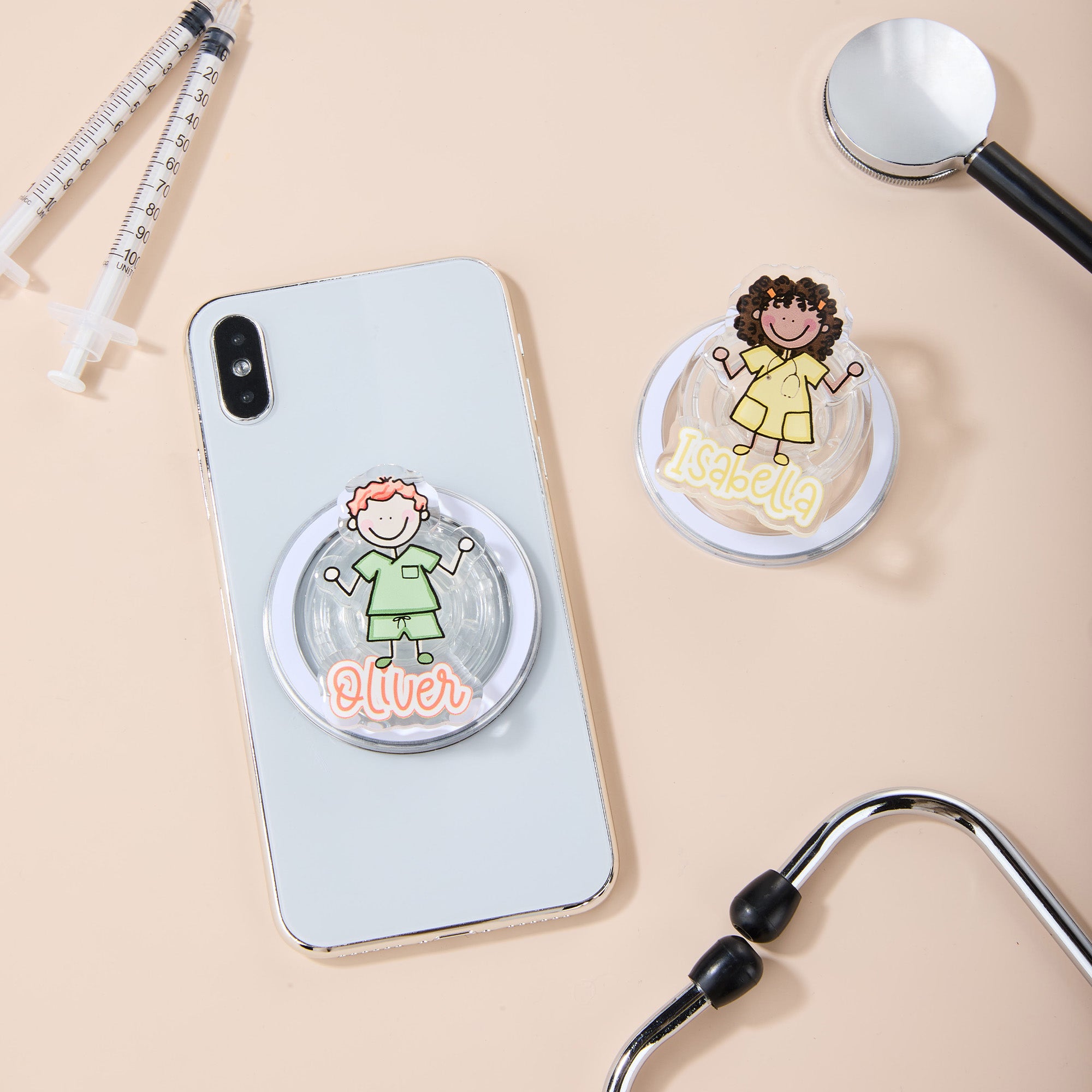 Personalizado simple línea de dibujos animados de la enfermera del personaje de acrílico magnético soporte del teléfono de agarre con el nombre de la enfermera de la Semana de Apreciación de regalo pa