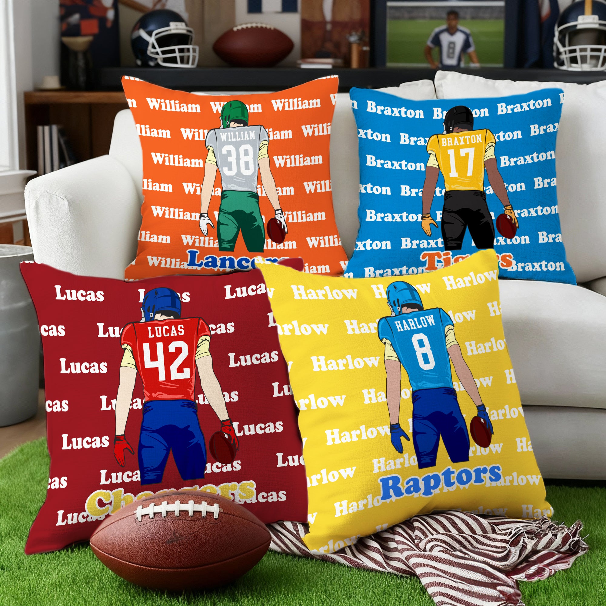Funda de cojín personalizada de dibujos animados de fútbol con nombre y número Decoración del hogar Regalo de cumpleaños para chicos amantes de los deportes de fútbol
