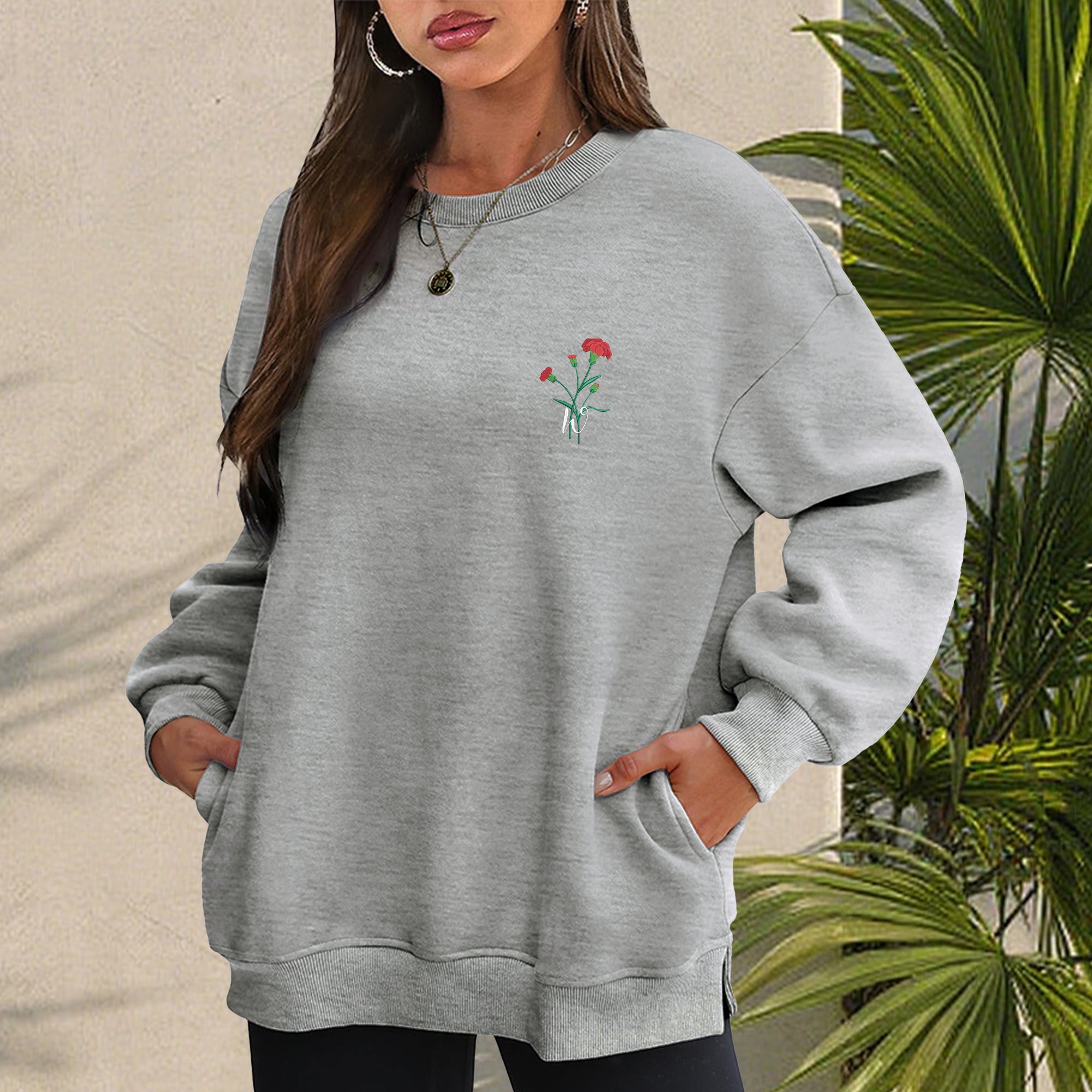 Personalizada Nacimiento Flor Sudadera Multicolor con Bolsillo y Bordado Inicial Toda la Temporada Daily Wear Cumpleaños Regalo para la Familia Amigo