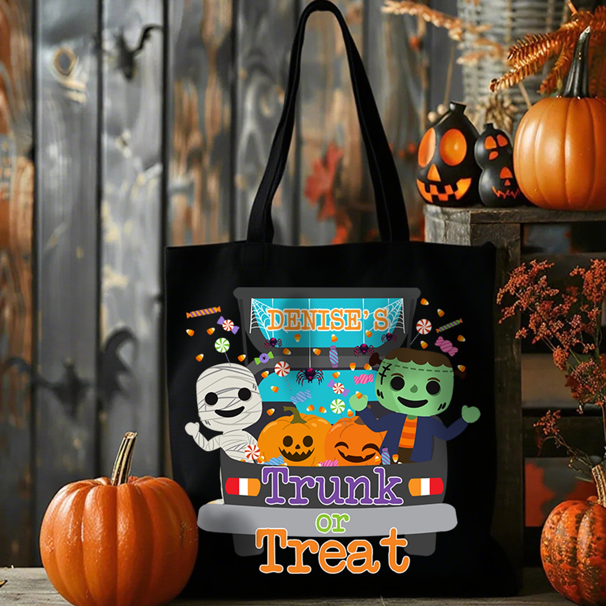 Bolsa de lona personalizada con nombre y temática de Halloween Monstruo Calabaza Caramelos Regalo de Halloween para niños