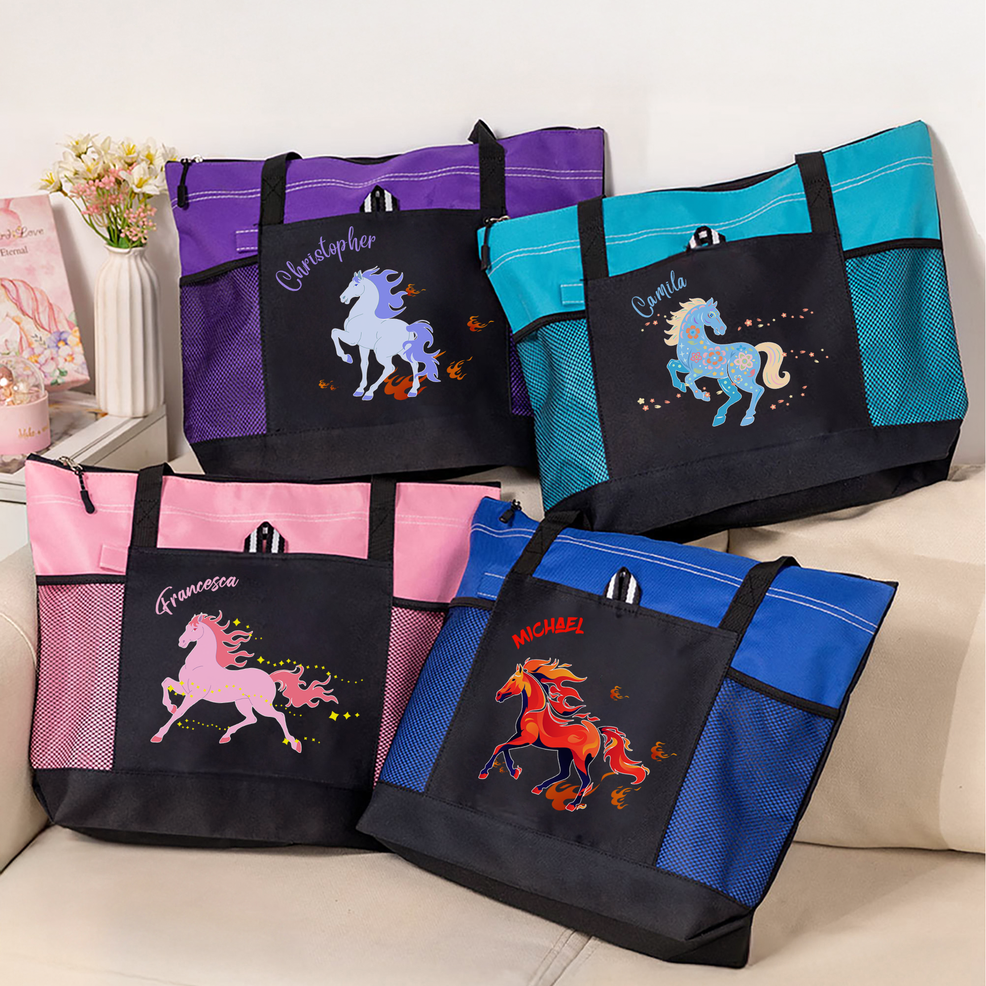 Bolsa Oxford de gran capacidad personalizada con nombre y bolsillos de malla Floral multicolor para caballos Regalo de uso diario para propietarios de caballos Jinetes