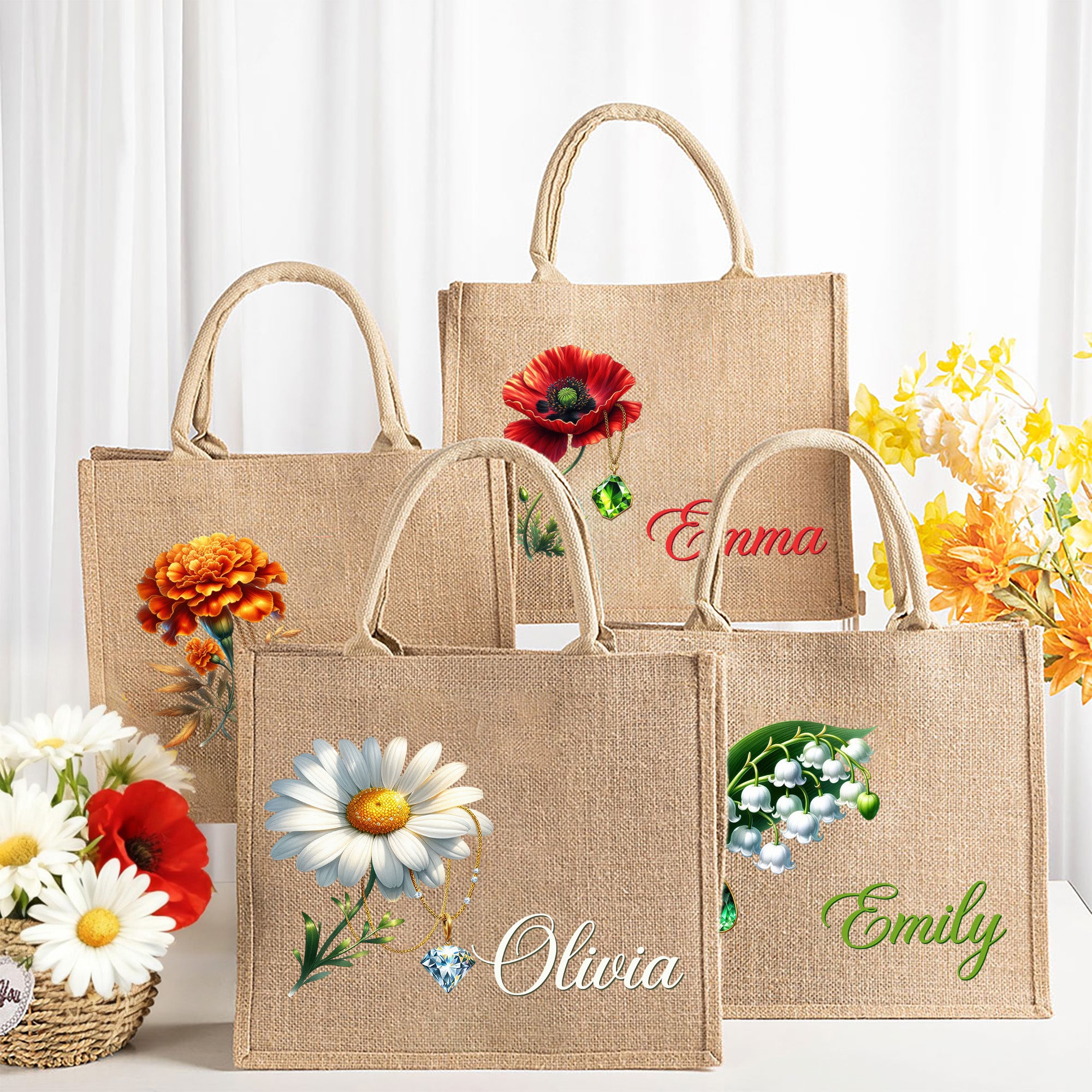 Personalizada Gemstone Nacimiento Flor Bolsa de yute con nombre Aniversario Cumpleaños Regalo para las mujeres