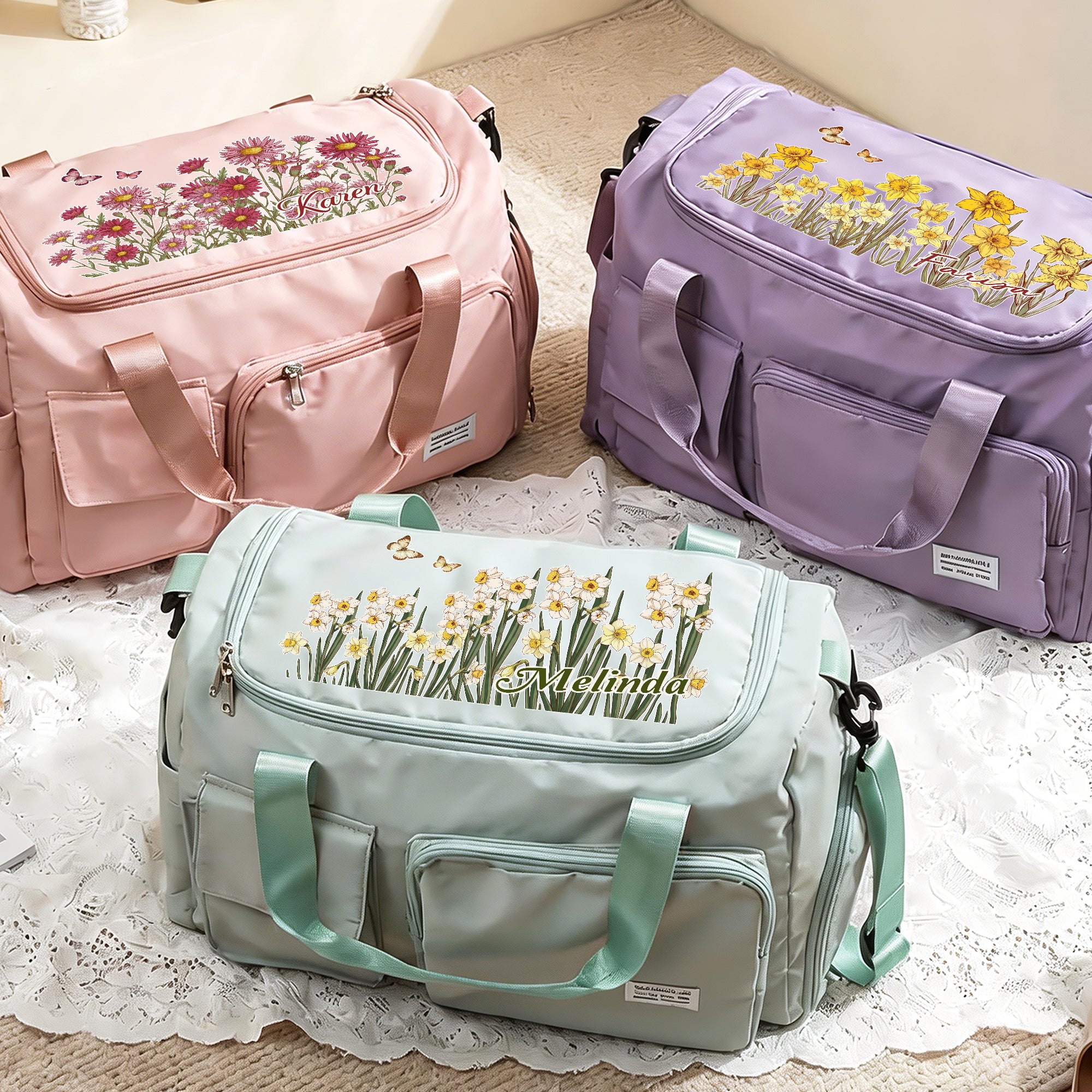 Bolsa de viaje grande personalizada con nombre y correa para el hombro Flor de nacimiento Regalo esencial de cumpleaños para mujer