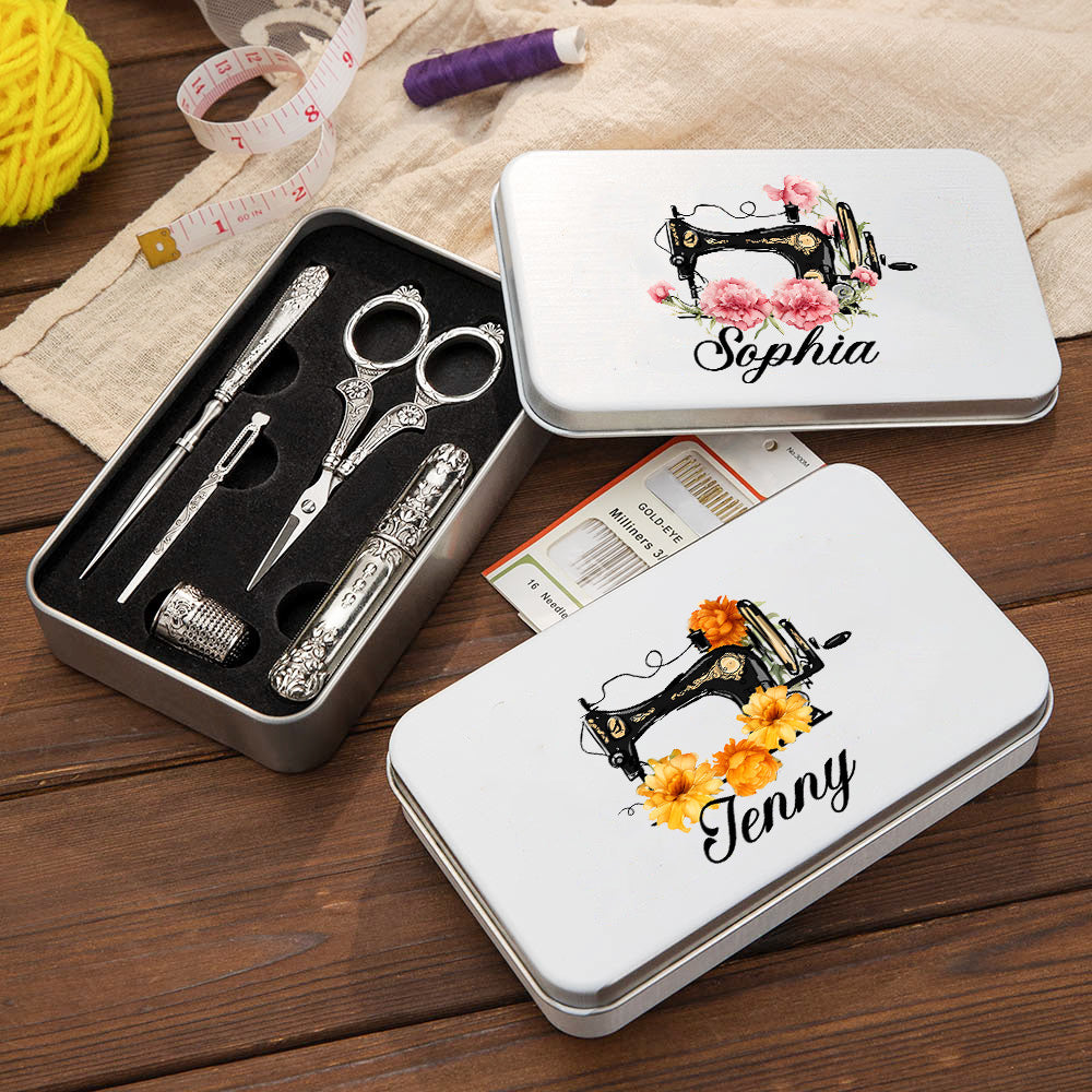 Set de costura personalizado con diseño de flor de nacimiento y nombre en caja de metal regalo de cumpleaños para amantes de la costura