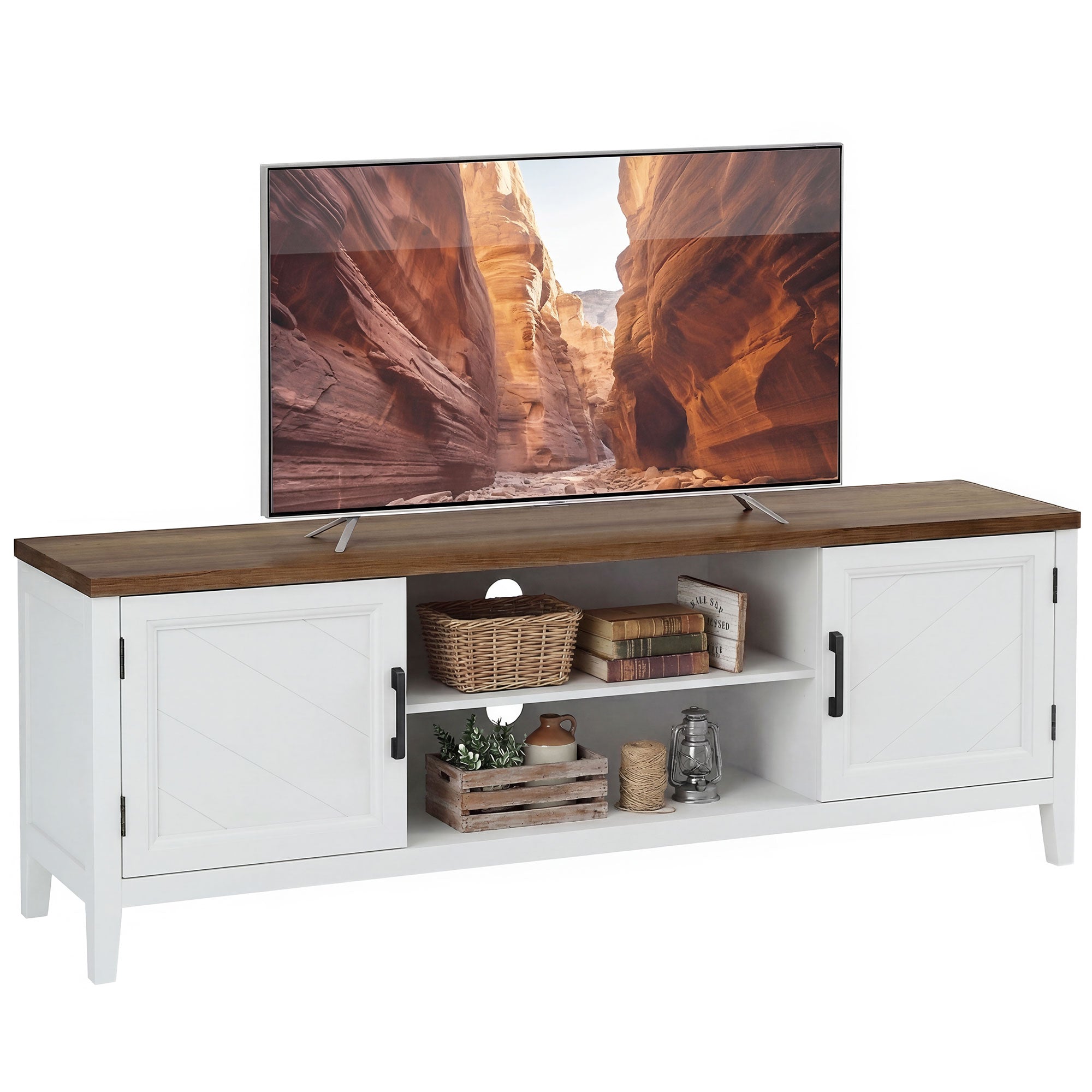 Farmhouse TV Stand for TVs up to 42" with 2 Shelves & 2 Cabinets, White