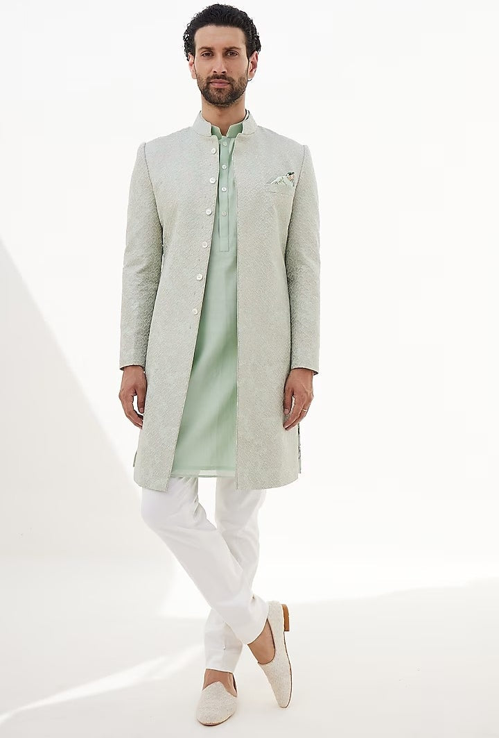Sage Green Banarasi Double Scallop Achkan Set By KYNAH, Luxury Indian Fashion & Bridal Wear