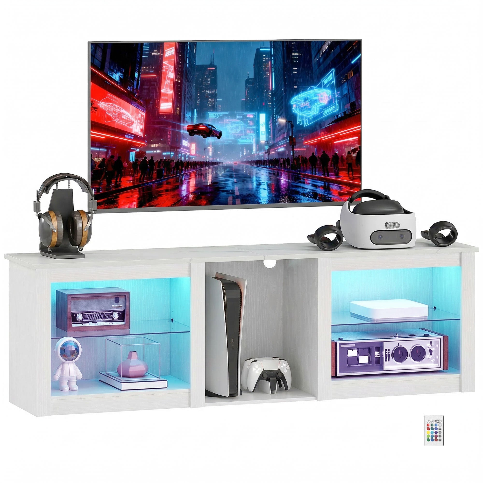 160cm TV Stand with LED Lights, Glass Shelves & Open Storage for 70in TVs, White