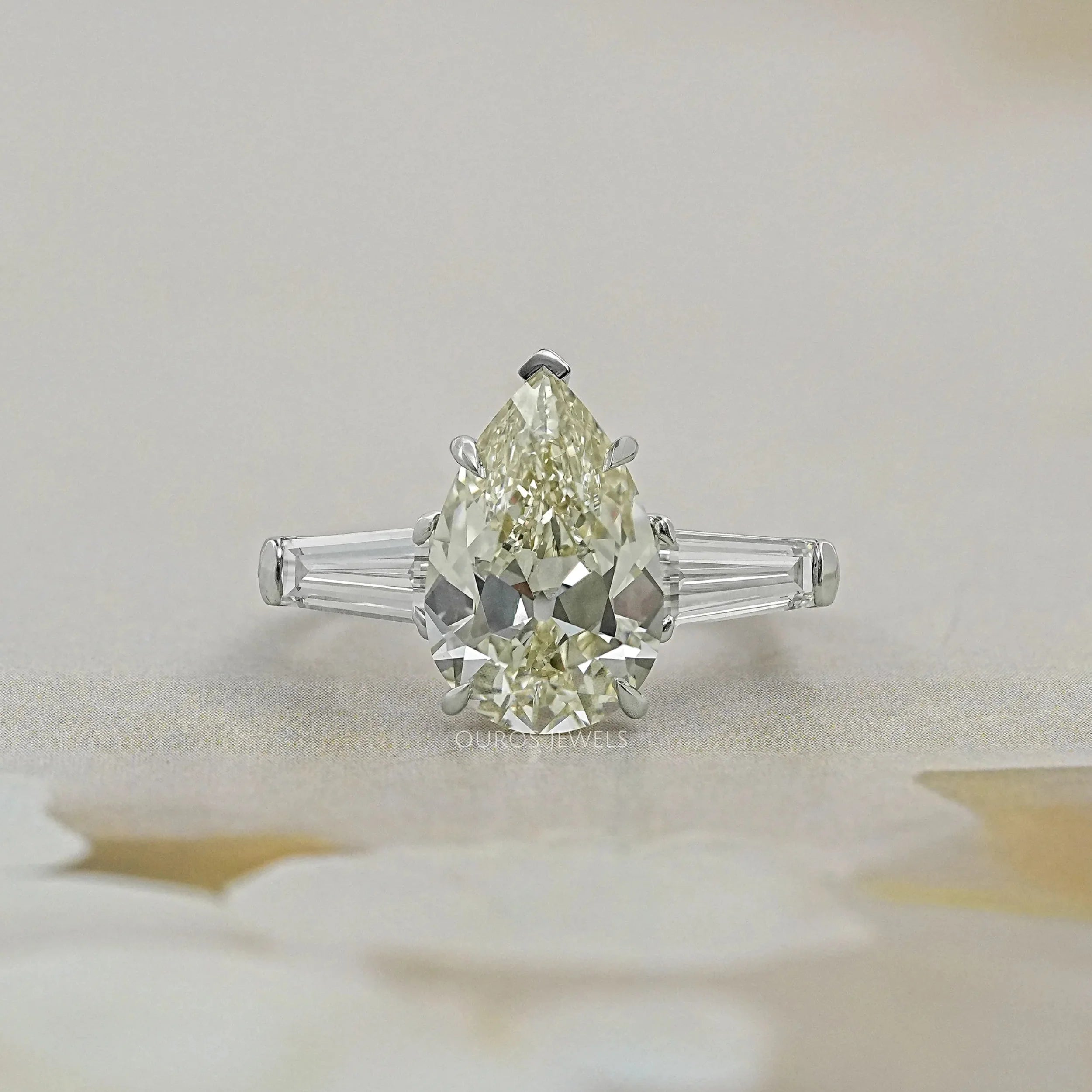 3 Stone Old Mine Pear Diamond Engagement Ring