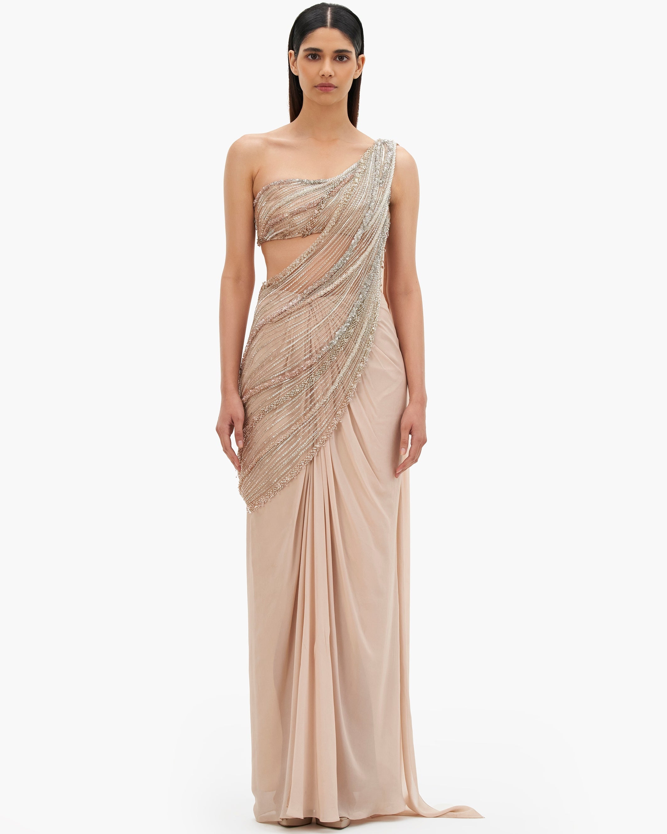 The Haze Champagne Nova Drape Sari Gown By KYNAH, Luxury Indian Fashion & Bridal Wear