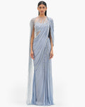 The Comet Blue Cosmic Cape Sleeves Sari Gown By KYNAH, Luxury Indian Fashion & Bridal Wear