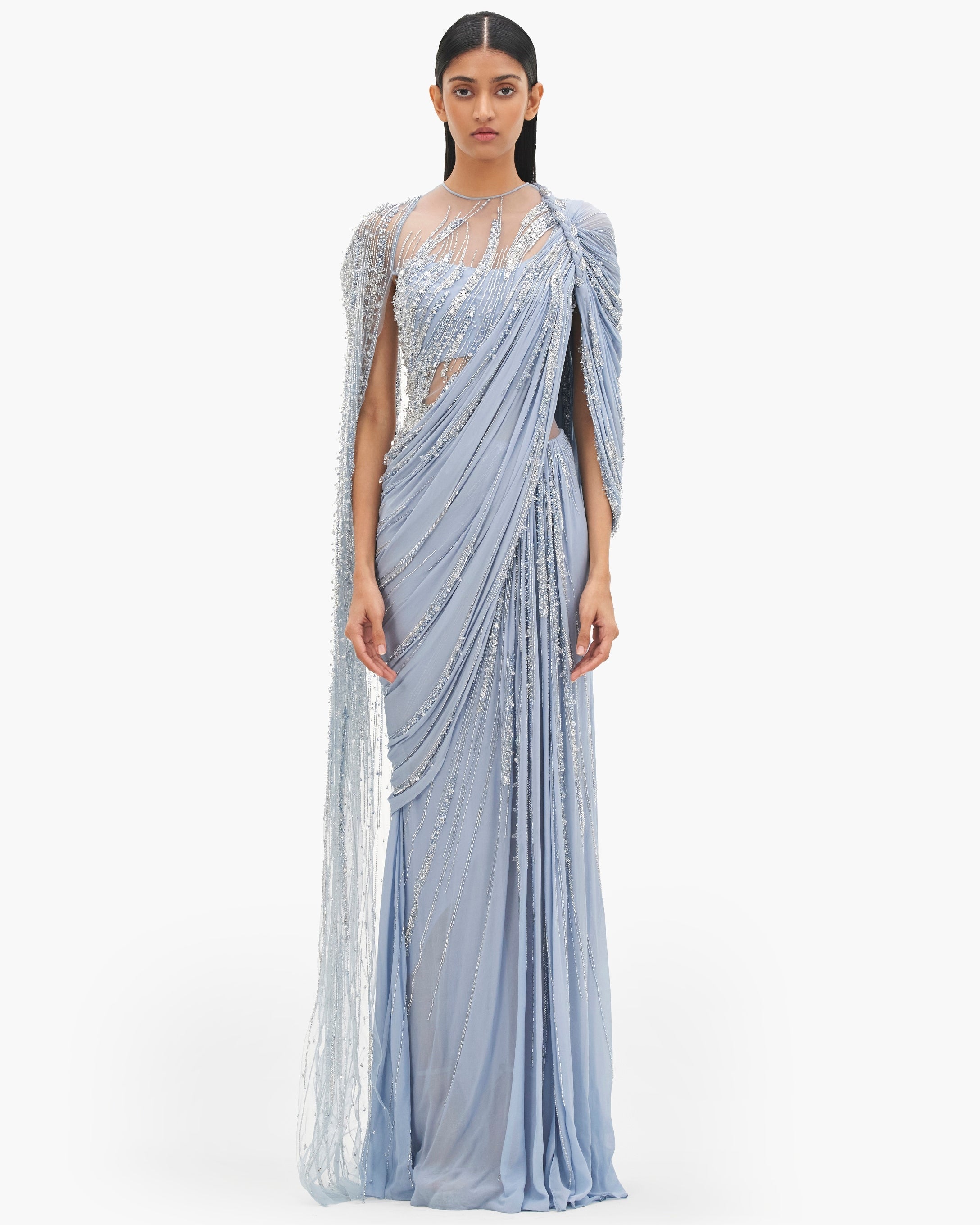 The Comet Blue Cosmic Cape Sleeves Sari Gown By KYNAH, Luxury Indian Fashion & Bridal Wear