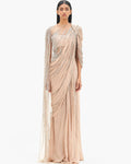 The Haze Champagne Cosmic Cape Sleeves Sari Gown By KYNAH, Luxury Indian Fashion & Bridal Wear