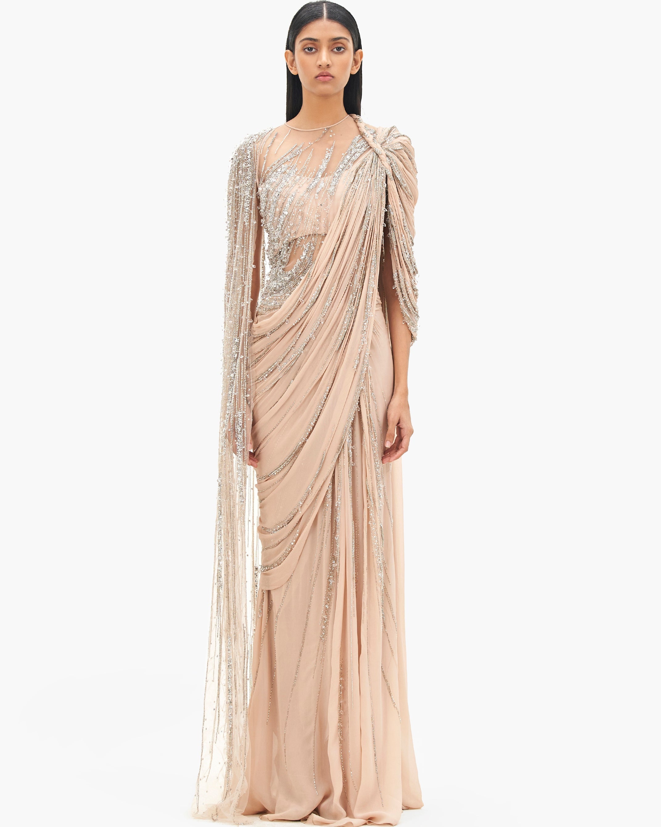 The Haze Champagne Cosmic Cape Sleeves Sari Gown By KYNAH, Luxury Indian Fashion & Bridal Wear
