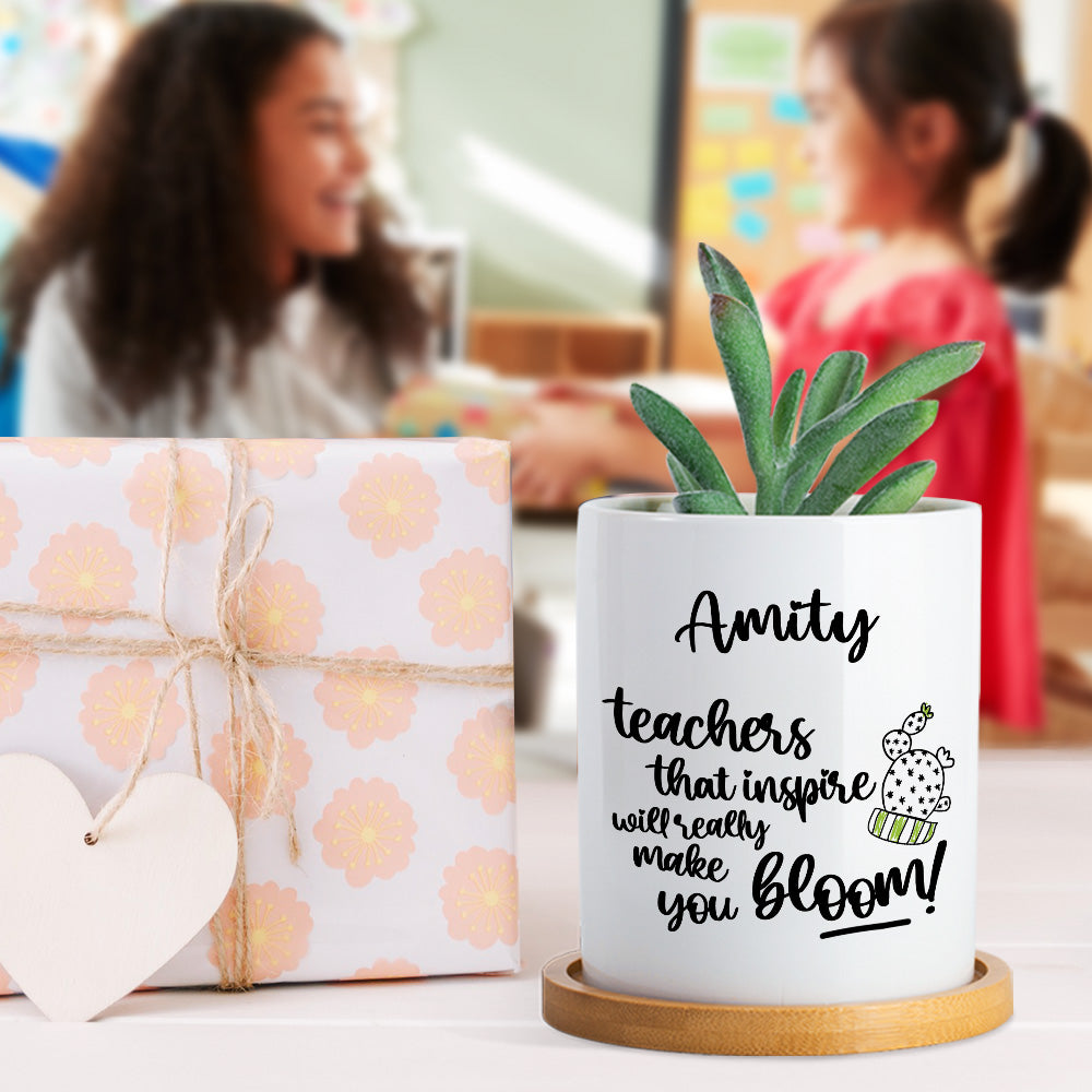 Maceta de Cerámica con Drenaje y Base de Bambú Personalizada con Nombre y Citas Cálidas Regalo del Día del Maestro para Profesores Educadores