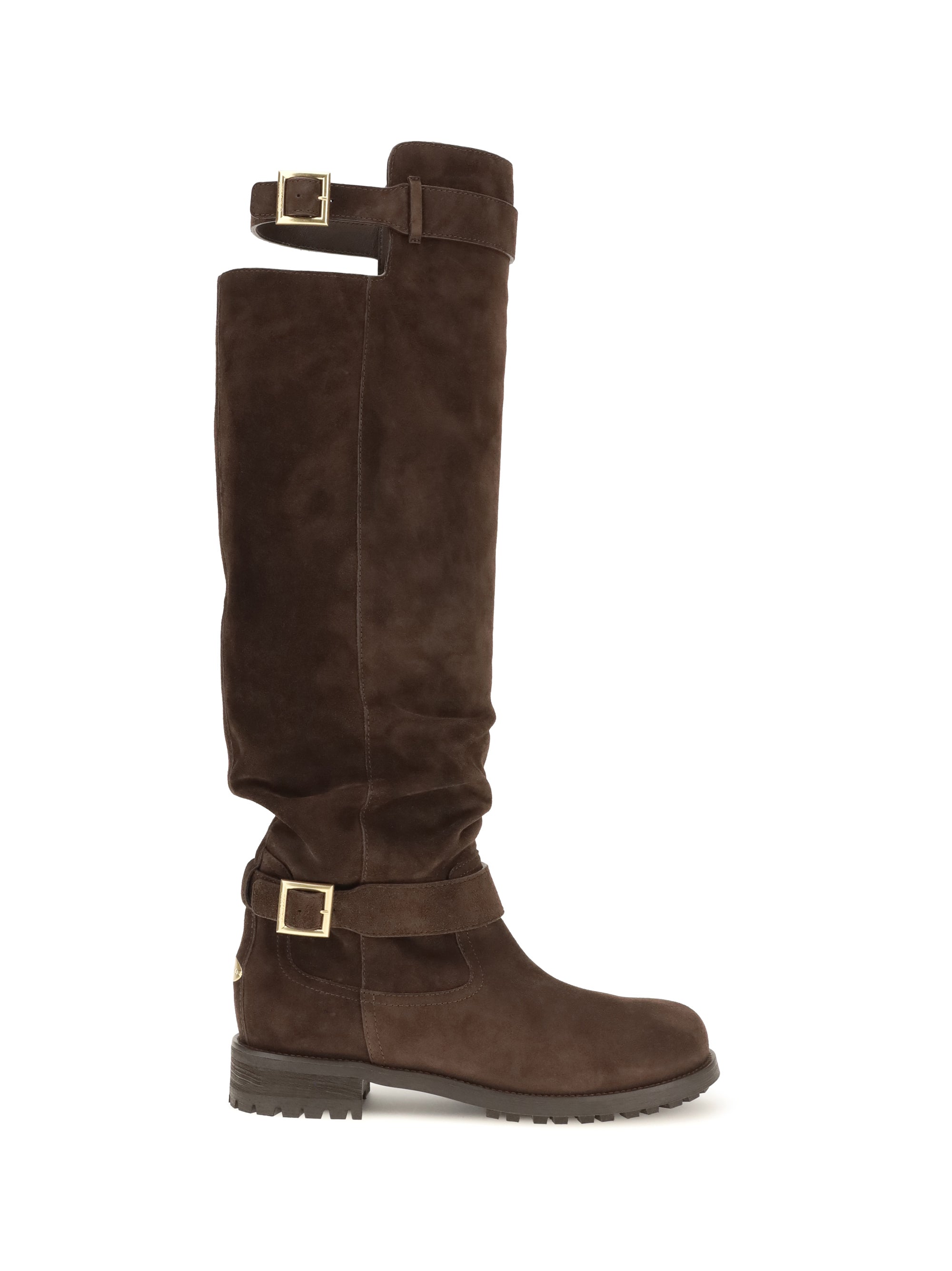 Jimmy Choo Buckle-Strap Knee-High Biker Boots — Brown