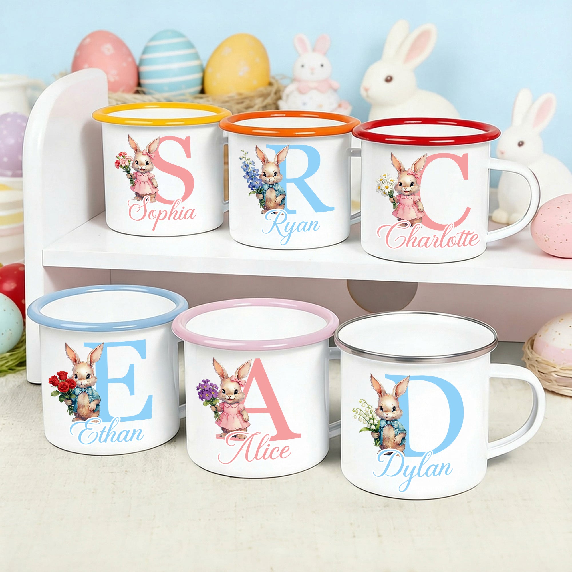 Conejo de Pascua de dibujos animados personalizado Nacimiento Flor Inicial 12 oz borde de color Taza de esmalte con el nombre de Pascua Regalo para niños y niñas