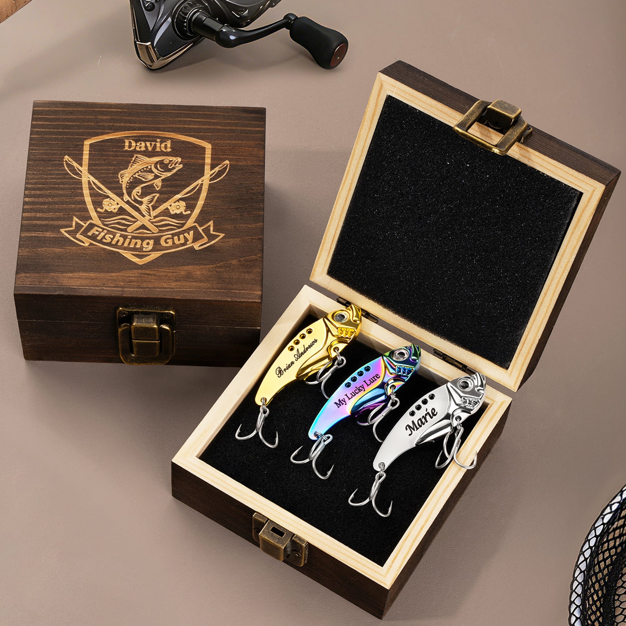 Caja de madera portátil personalizada con anzuelos y nombre Regalo de cumpleaños y Día del Padre para papá, marido y amante de la pesca
