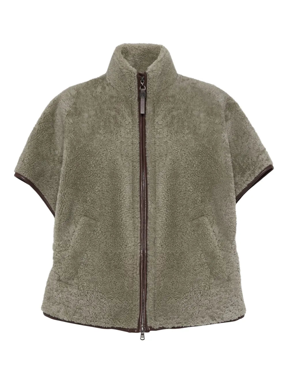 Brunello Cucinelli Monili Chain-Detail Shearling Jacket — Taupe Grey
