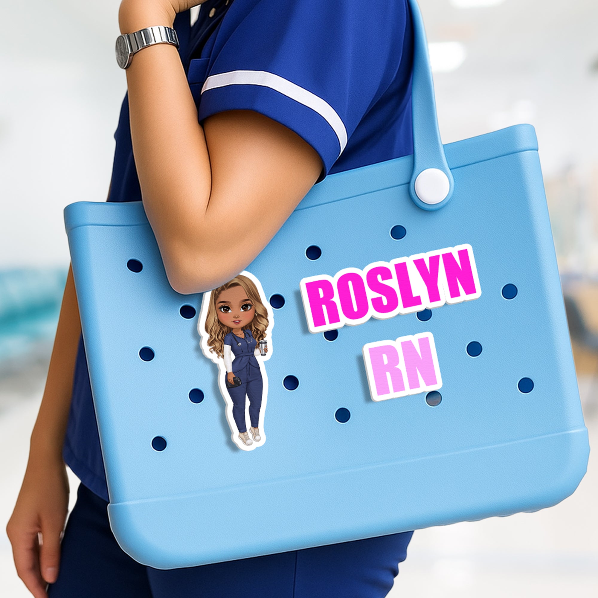 Personalizado 3D Impreso Cartoon Personaje Acrílico Bolsa Encanto Accesorios para Bogg con Nombre Graduación Cumpleaños Regalo para Enfermera Doctor Personal Médico