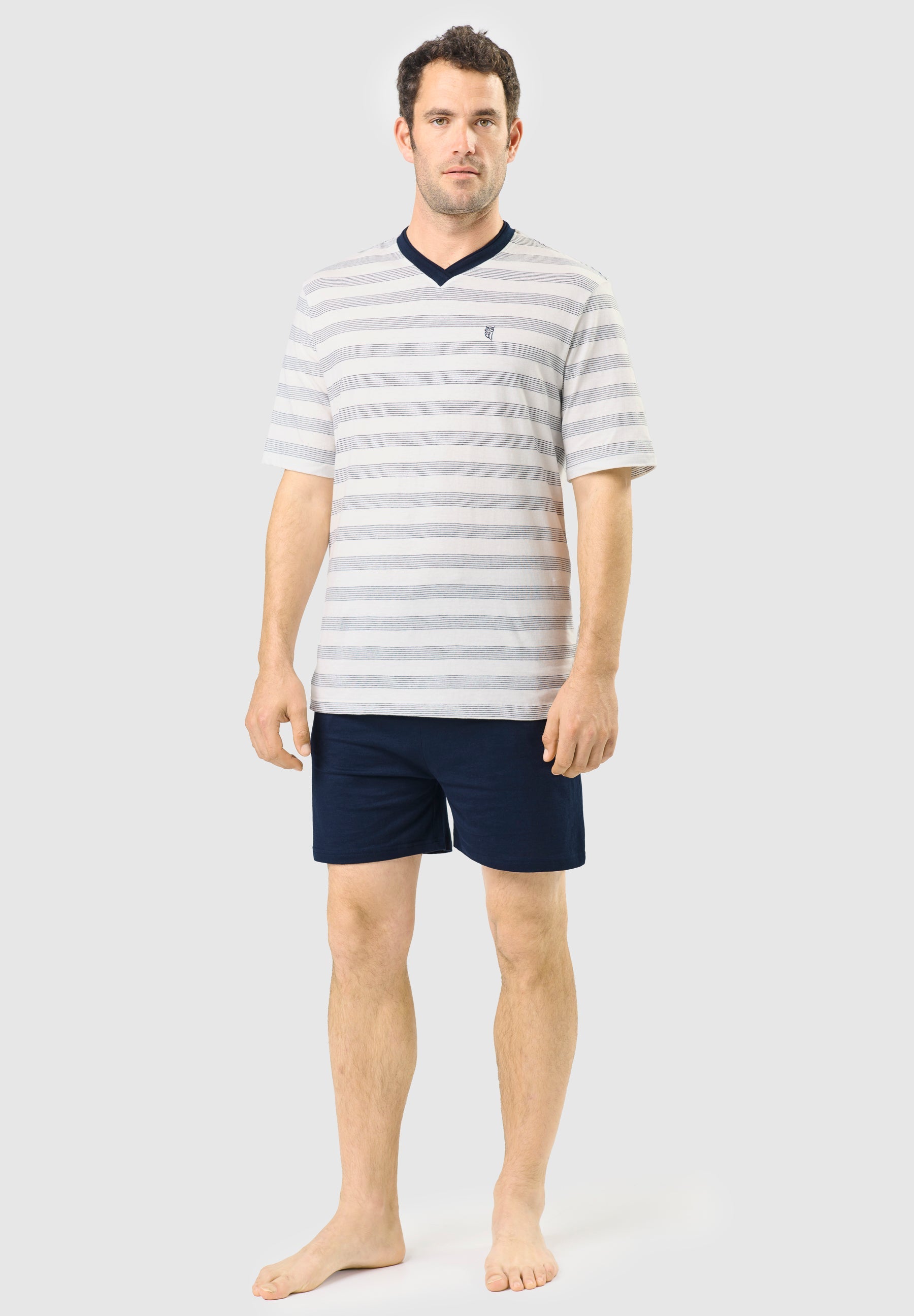 Pijama Hombre Verano Corto Pico Algodón Punto Rayas - Azul 3037_39