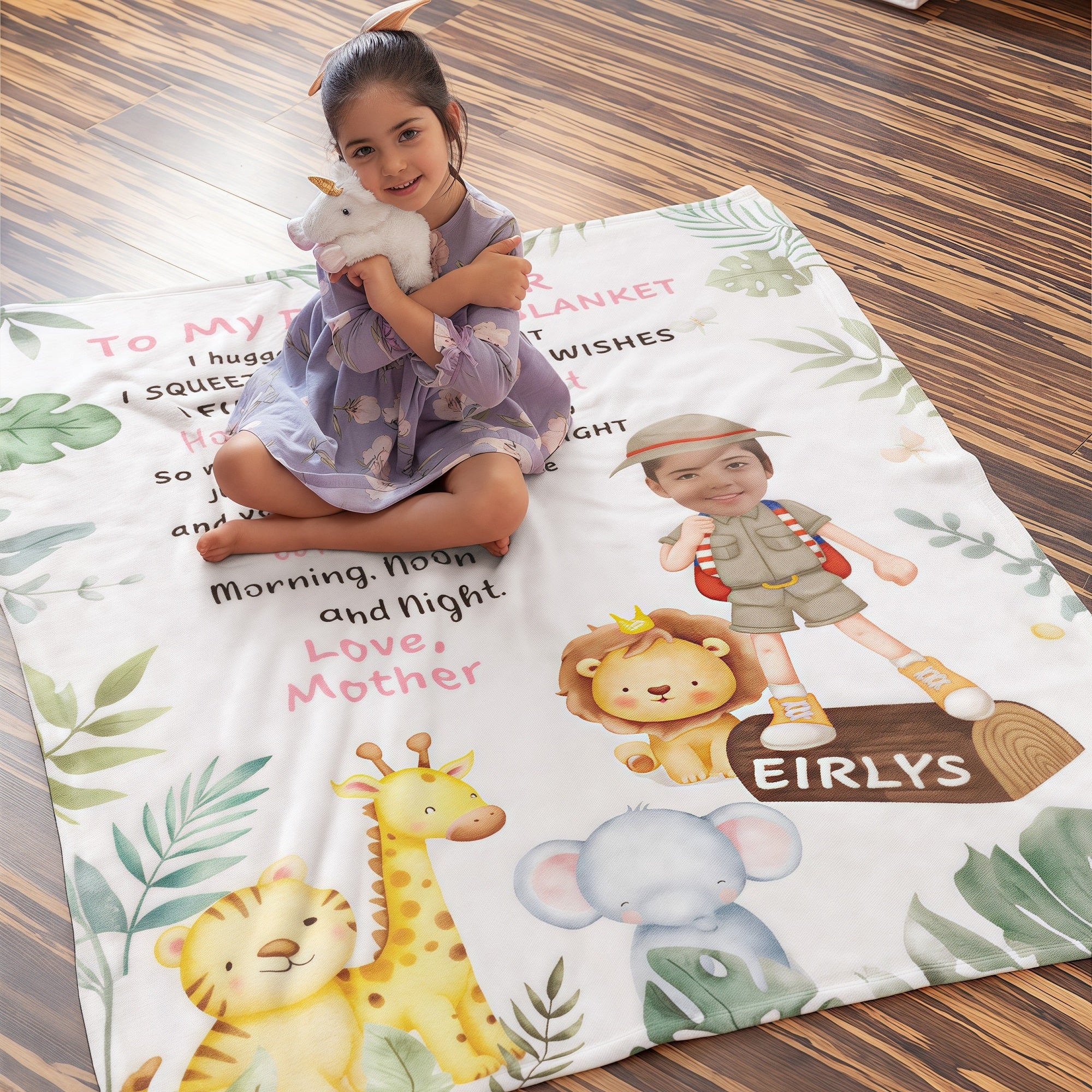 Mantas personalizadas de animales de safari con foto para niños con texto y nombre Decoración del hogar Regalo de cumpleaños para niño niña