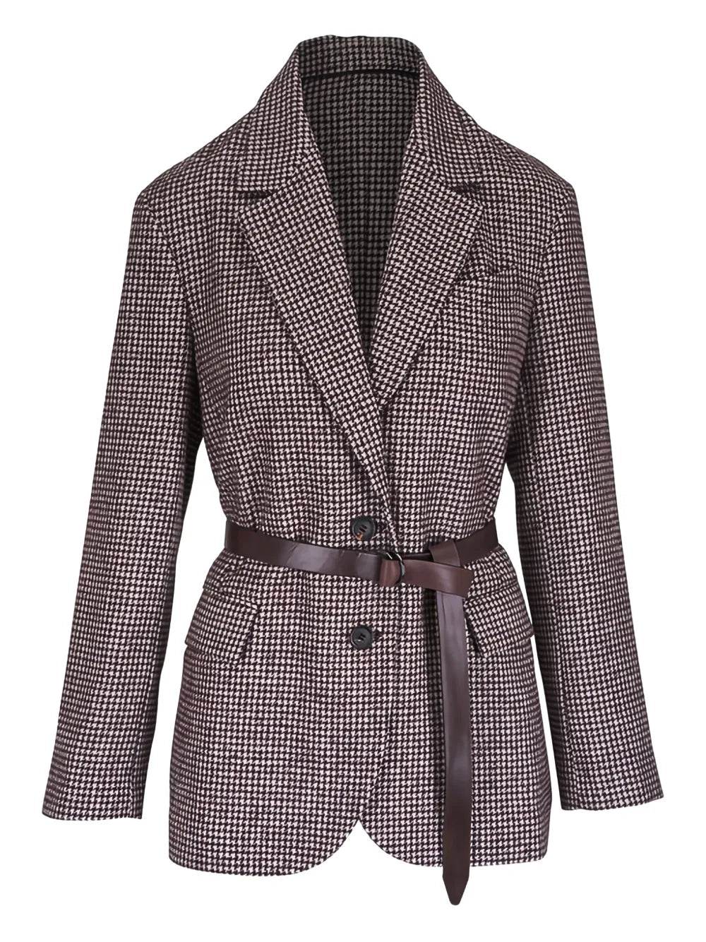 Brunello Cucinelli Houndstooth Belted Blazer — Brown