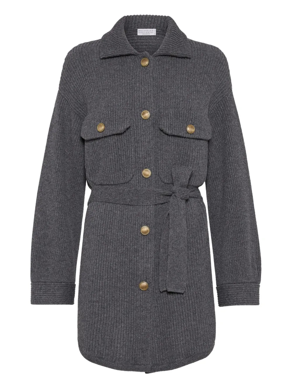Brunello Cucinelli Ribbed Wool Belted Cardigan — grey