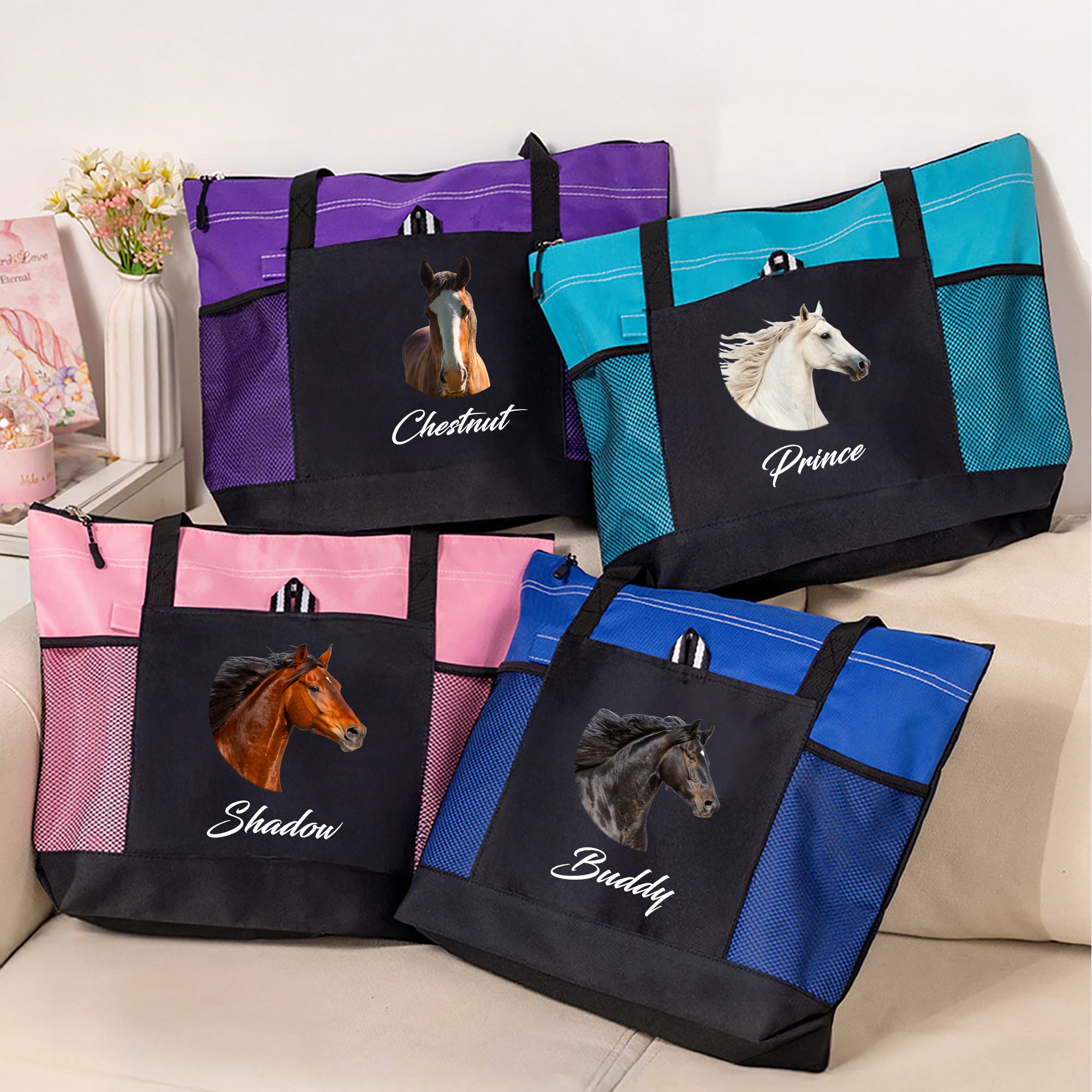 Personalizada Caballo Foto Retrato Oxford Bolsa de gran capacidad con nombre y bolsillo de malla Cumpleaños Aniversario Regalo para el dueño del caballo Amante de los caballos