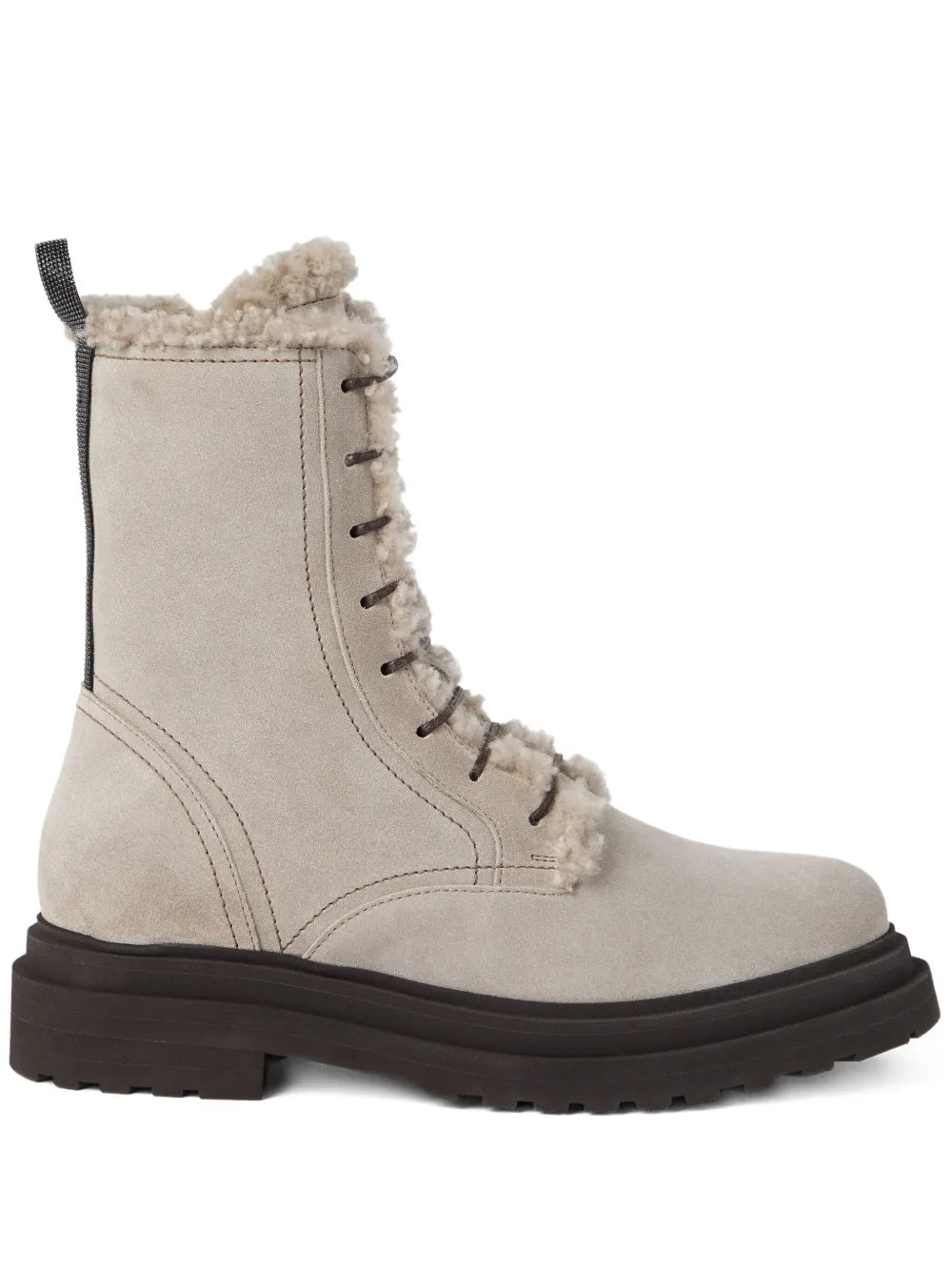 Brunello Cucinelli Shearling-Lined Lace-Up Boot — Cream