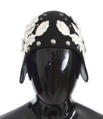 Women's Black Wool White Floral Gold Leaf Hat