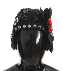 Women's Black Crystal Gold Cherries Brooch Hat Wool