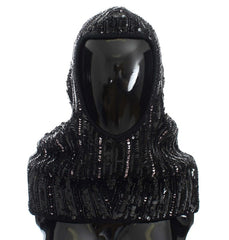 Women's Black Knitted Sequin Hood Scarf Hat Wool