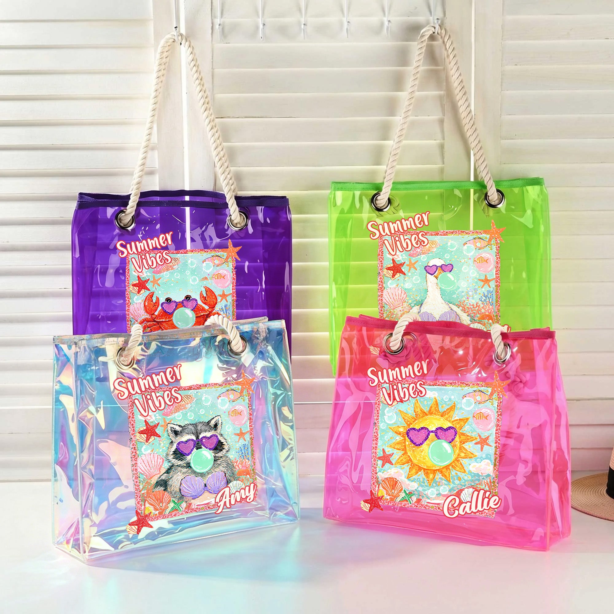 Bolsa de viaje personalizada con nombre Summer Vibes Graffiti Transparente Fiesta en la playa Regalo de cumpleaños para ella