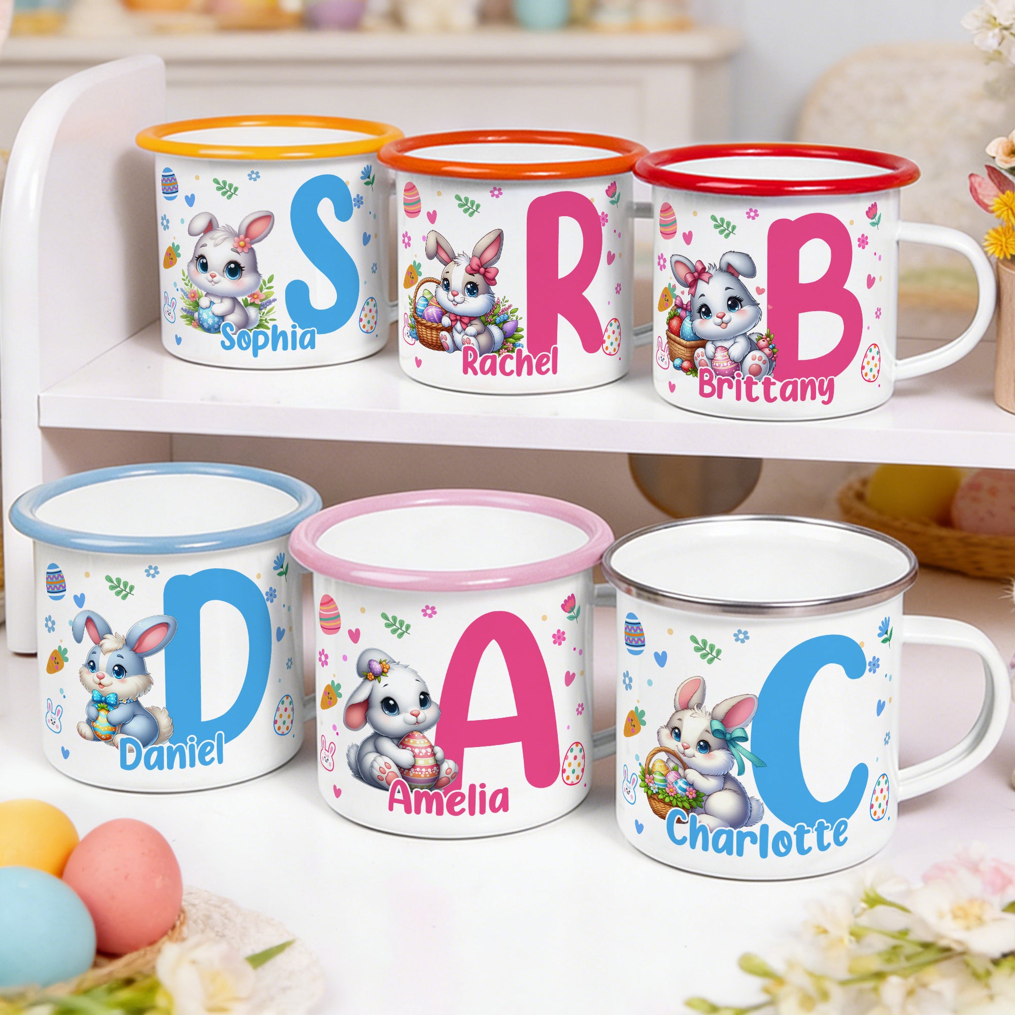 Huevo de Pascua personalizado de conejo de dibujos animados 12 oz Taza de esmalte con borde de color con inicial y nombre Regalo de Pascua para niños Niñas