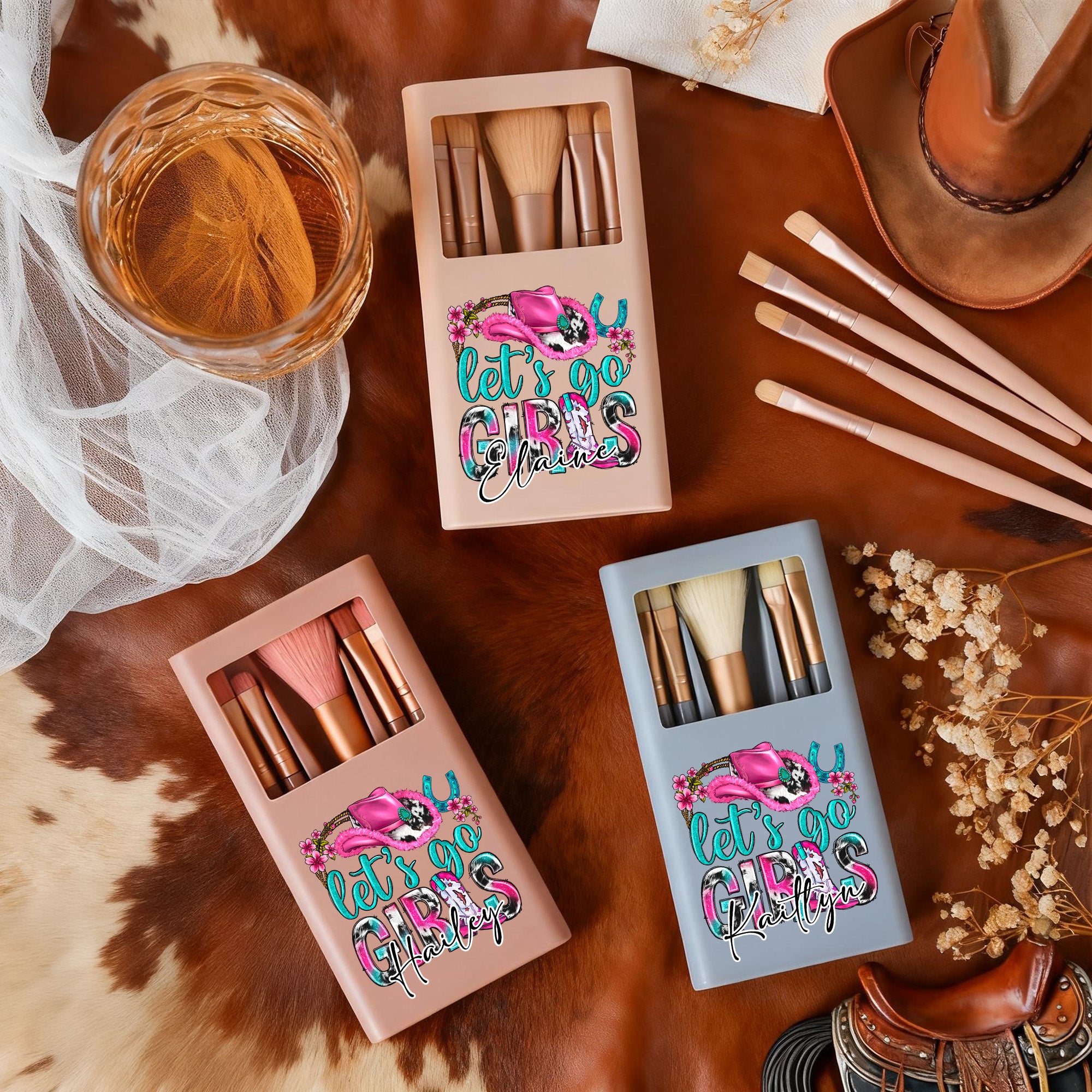Set de viaje para brochas de maquillaje con nombre personalizado Let's Go Girls Western Style Birthday Wedding Gift for Friends Cowgirls