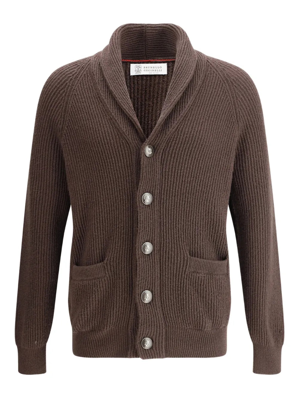 Brunello Cucinelli Shawl-Lapel Ribbed Cardigan — Brown