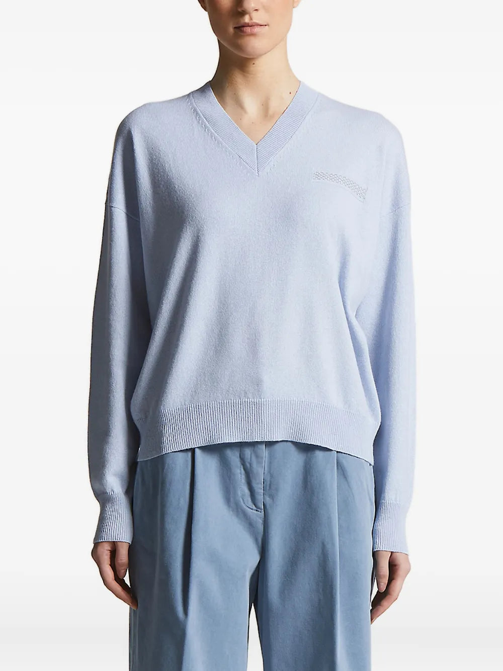 Peserico V-Neck Embellished Sweater — Light Blue